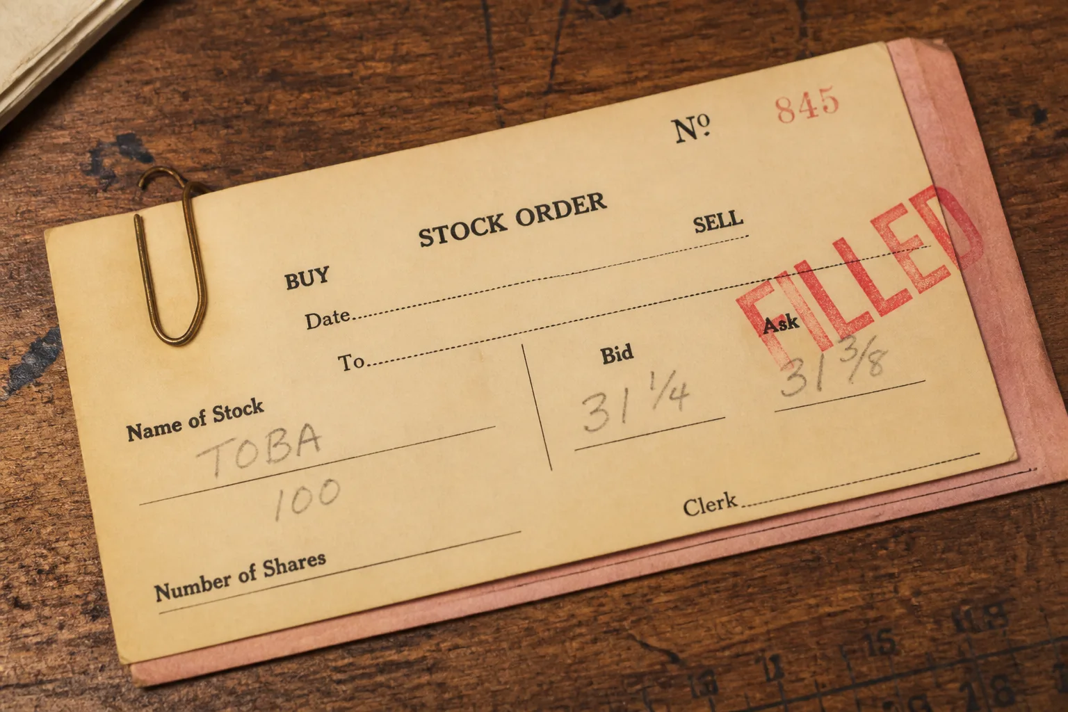 Paper stock order ticket with bid, ask, and a filled stamp