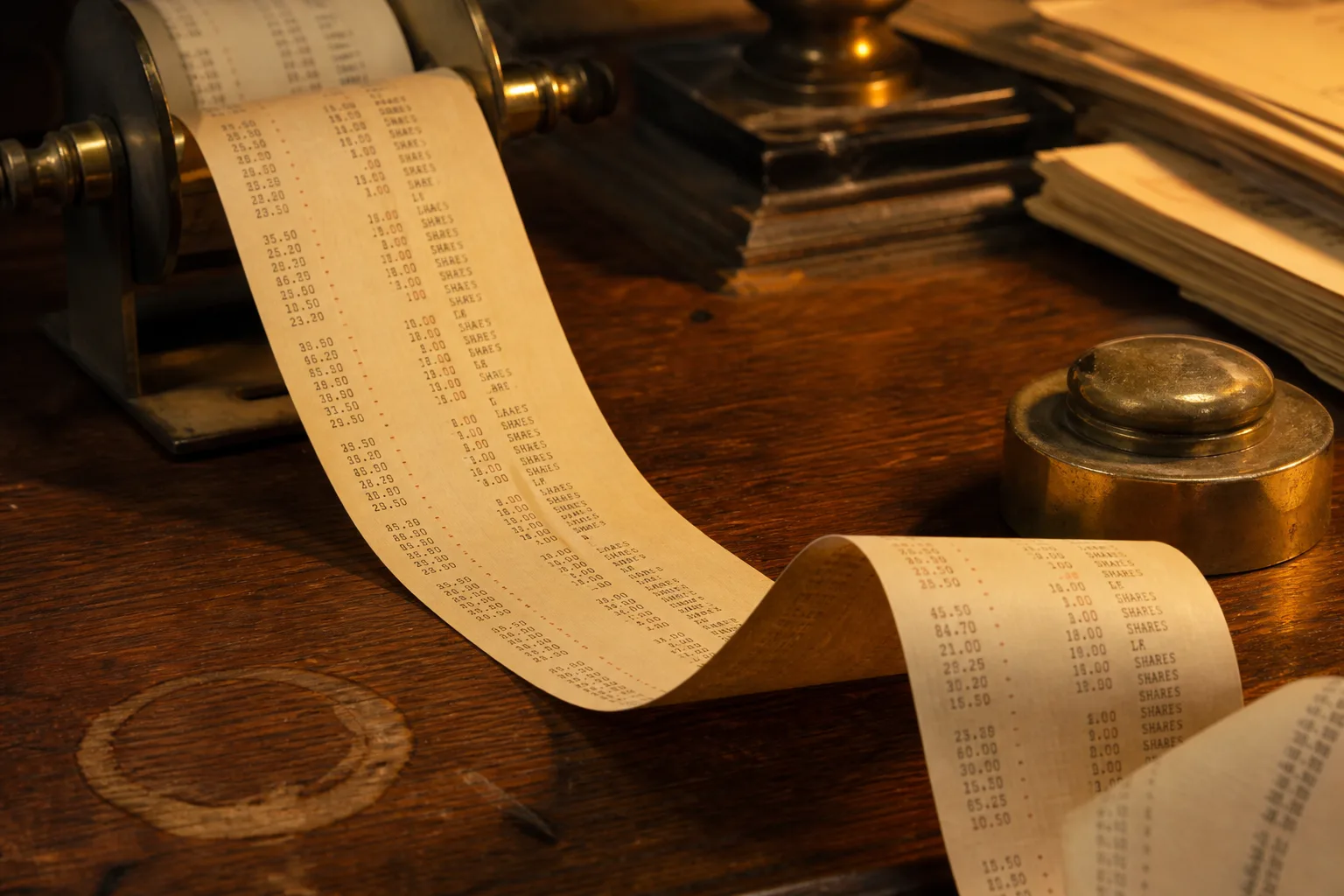 Ticker tape unspooled across a desk