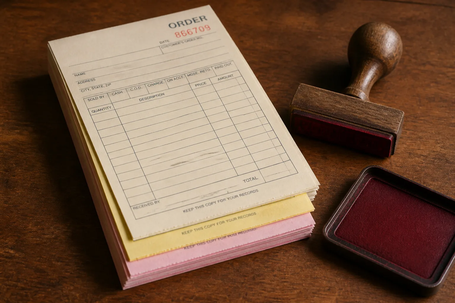 Carbon-copy order pads and a red ink pad