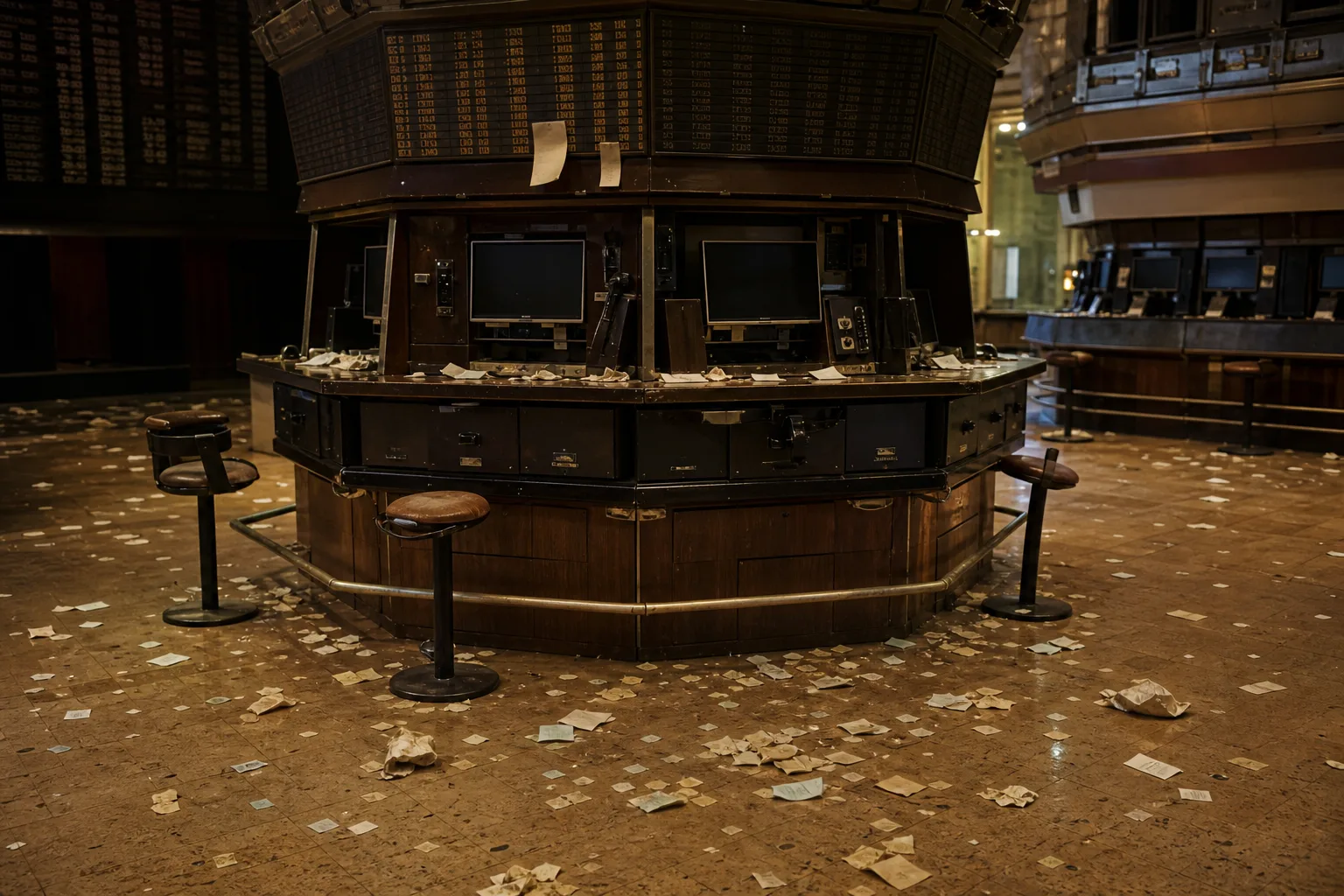 Empty trading post with discarded tickets