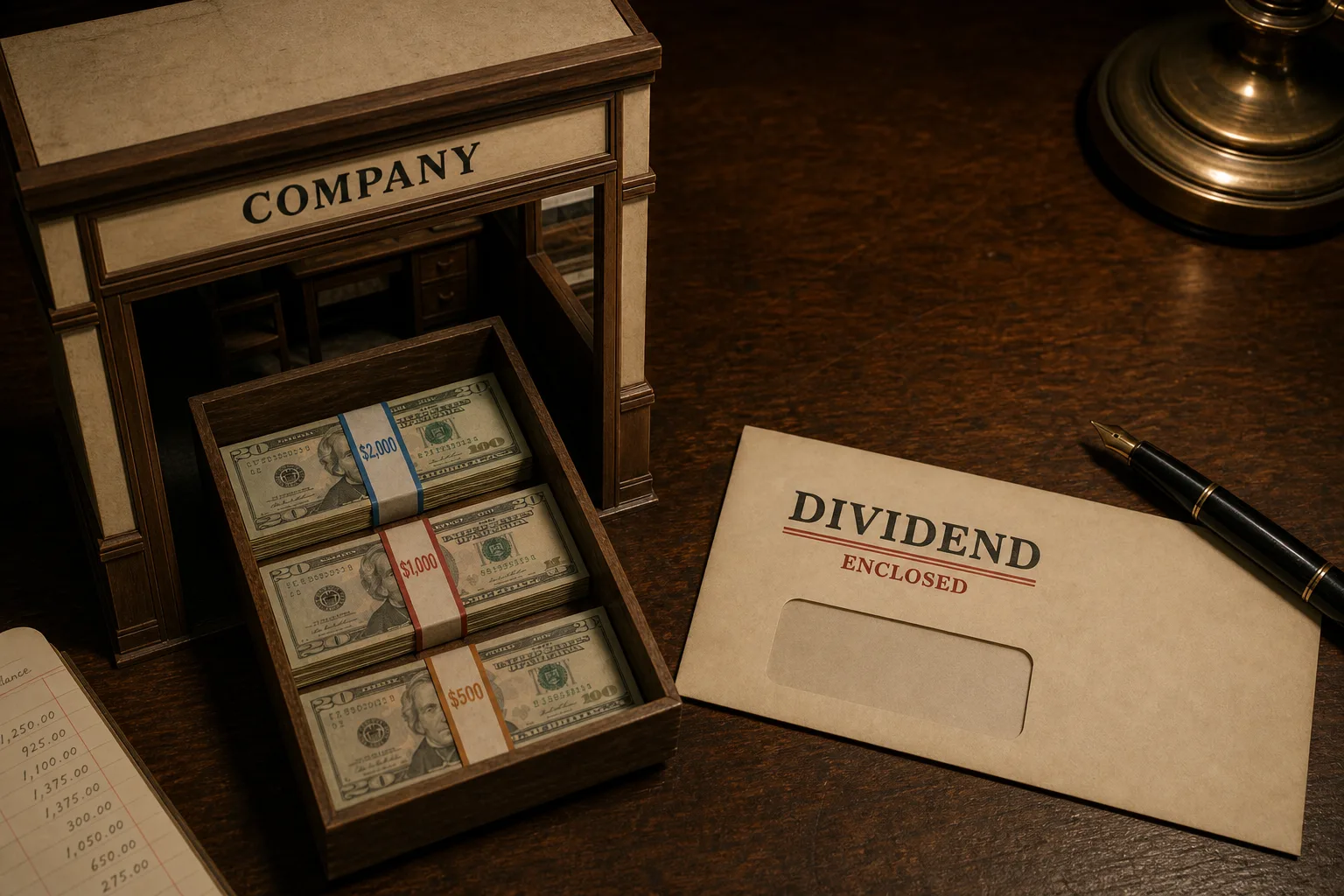 Cash tray inside a company doorway beside a dividend envelope leaving the desk