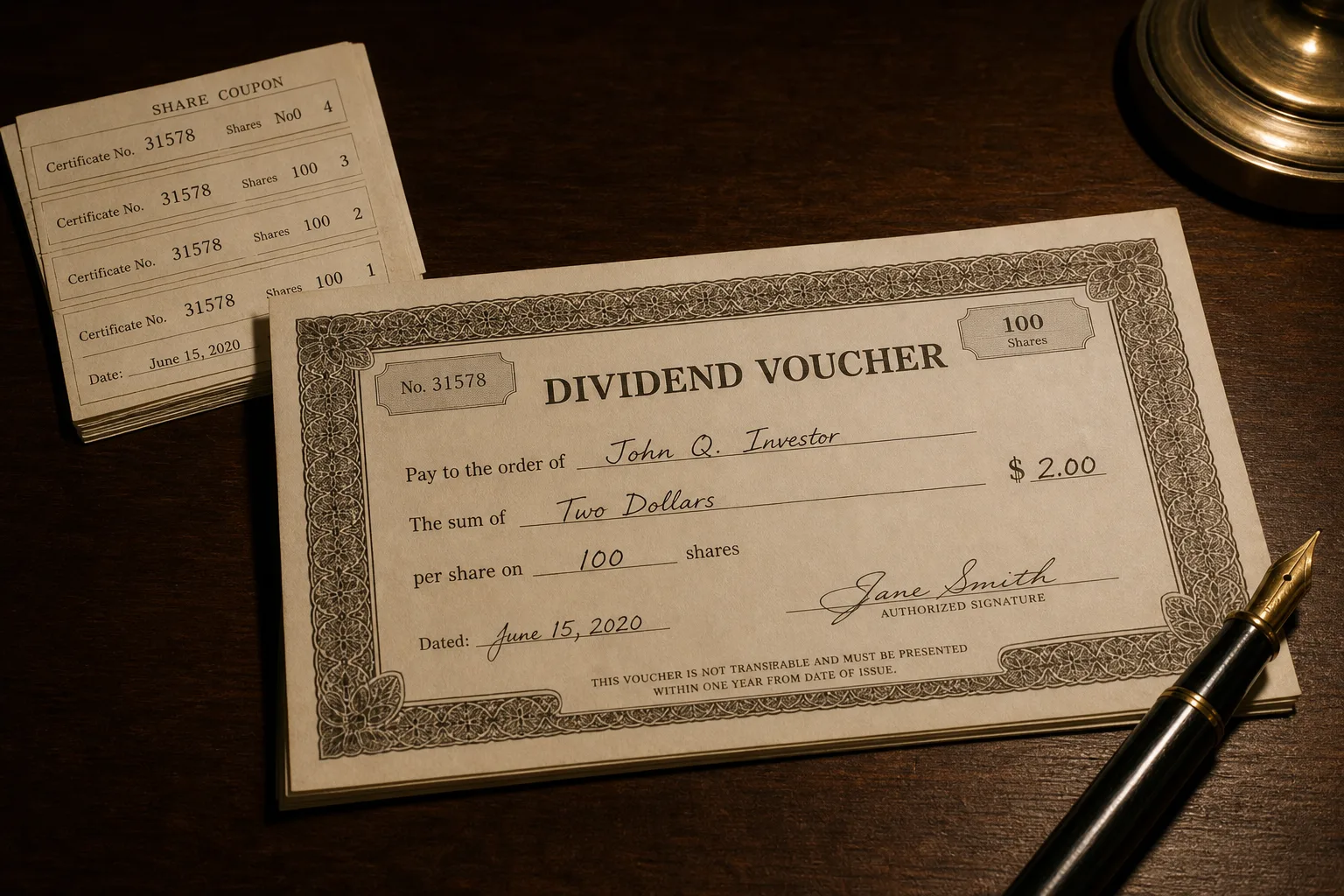 Handwritten dividend voucher beside a fountain pen and share stubs