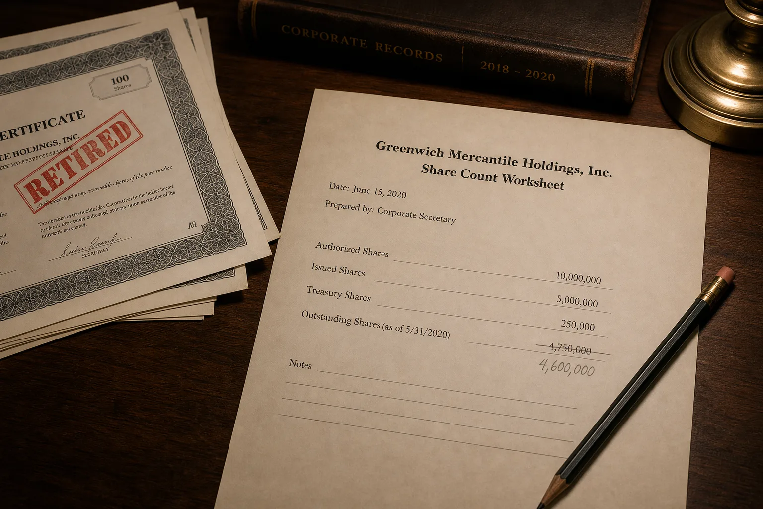 Share-count worksheet with a retired line and cancelled certificates