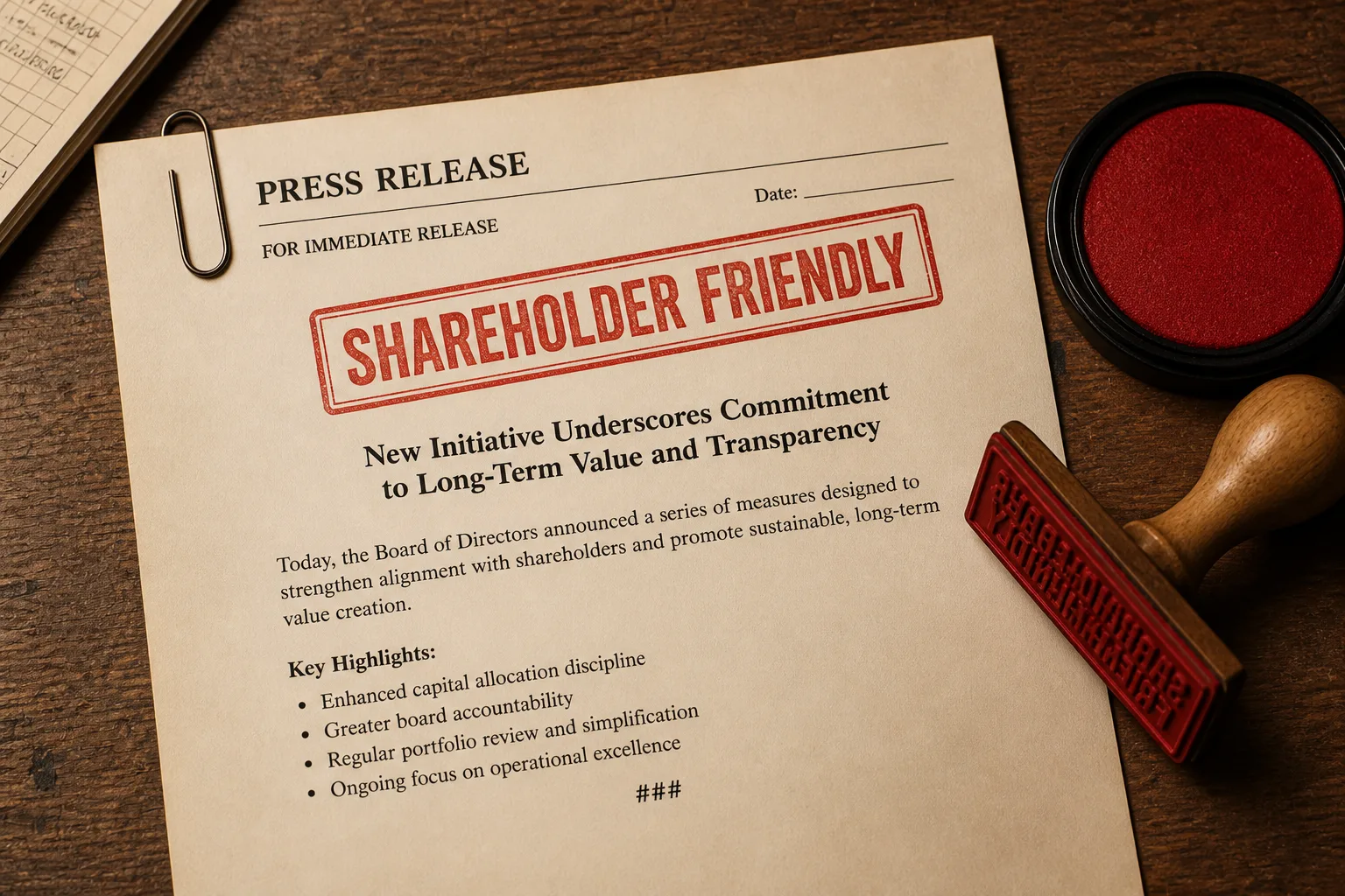 Press release with a red SHAREHOLDER FRIENDLY stamp