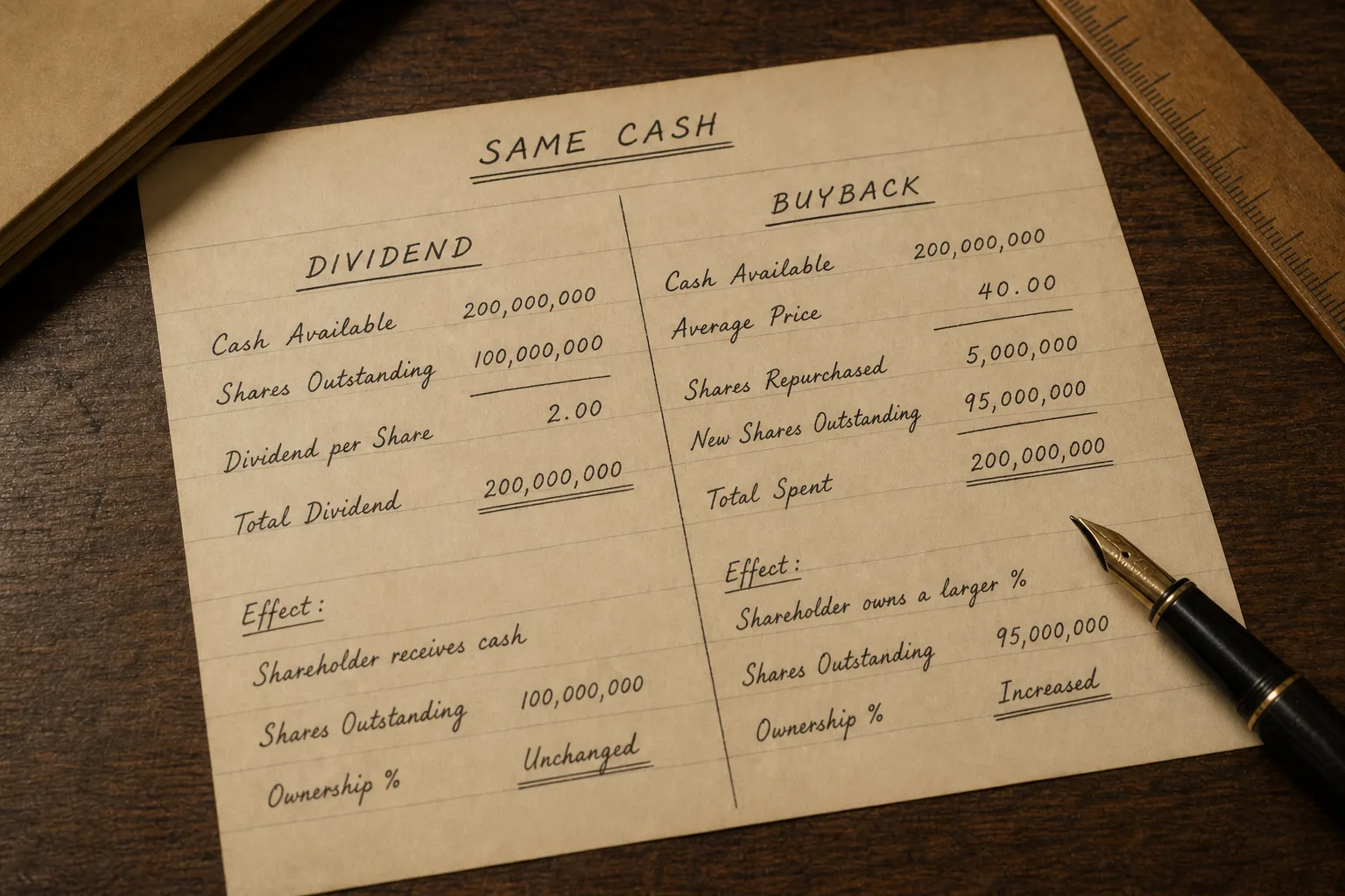 Two-column blotter sending the same cash down a dividend and a buyback