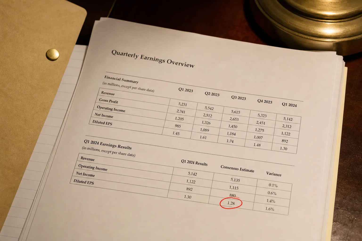 Printed quarterly packet with a circled consensus figure
