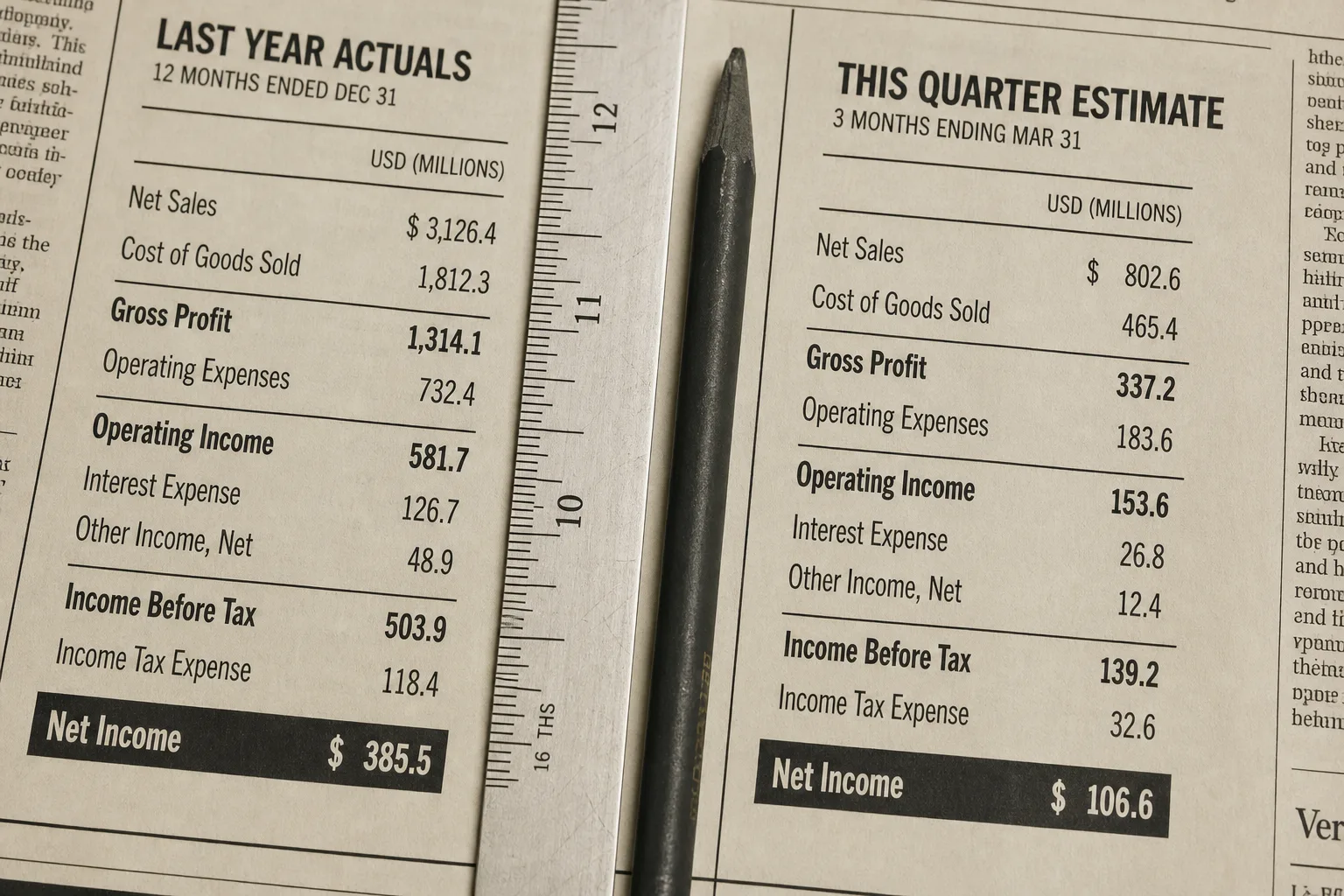 Year-ago figures beside an estimate column