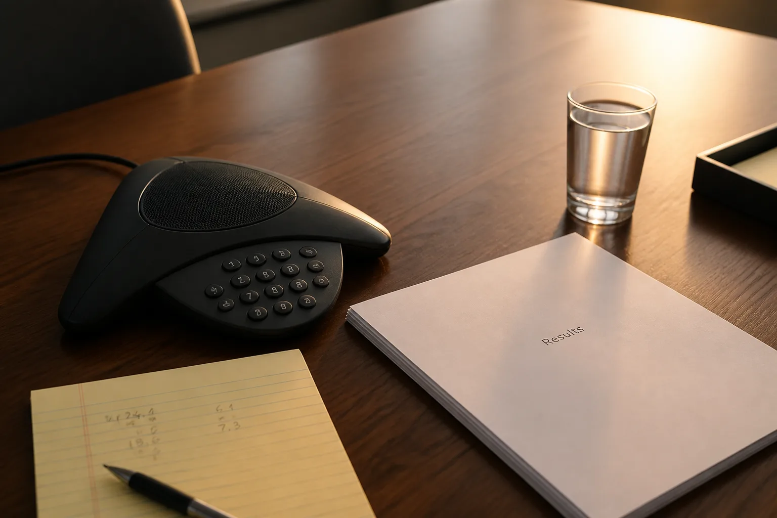 Conference phone beside a results packet