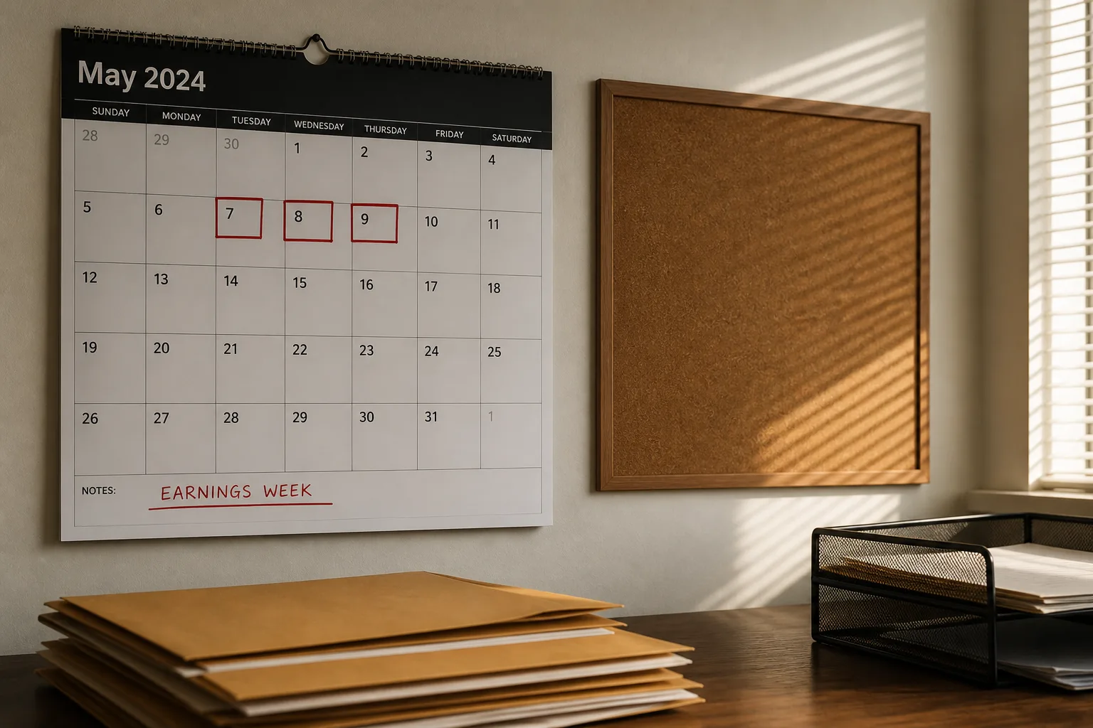 Wall calendar with earnings dates boxed