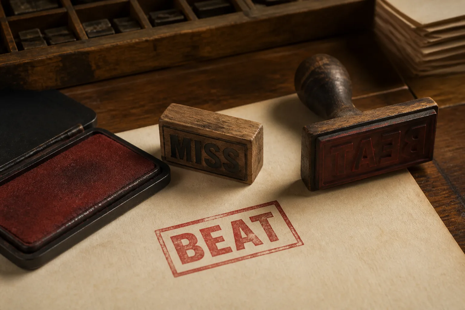 Beat and miss rubber stamps on a print-shop counter