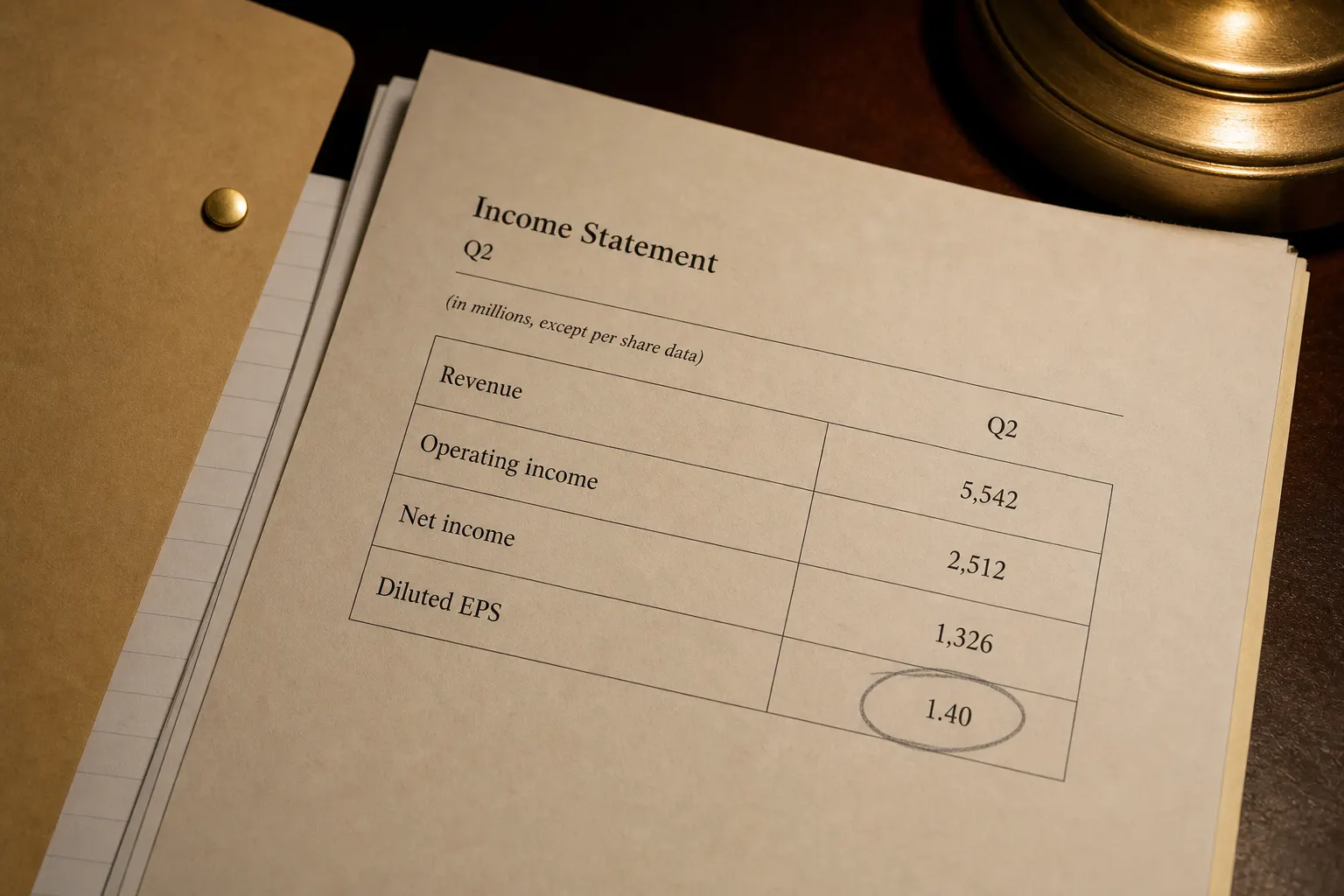 Printed income statement with diluted EPS circled in pencil