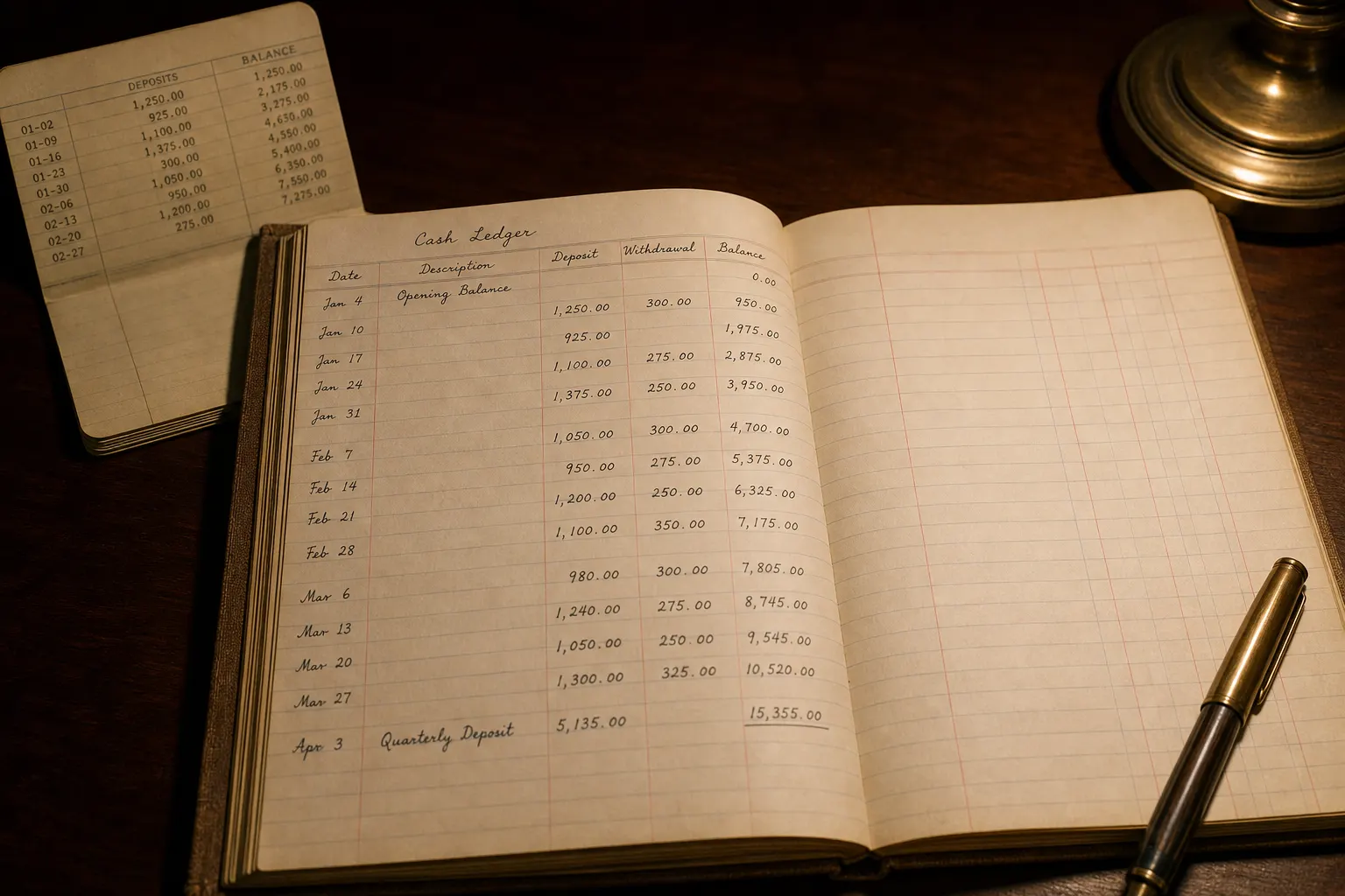 Open cash ledger with handwritten deposits next to a bank book