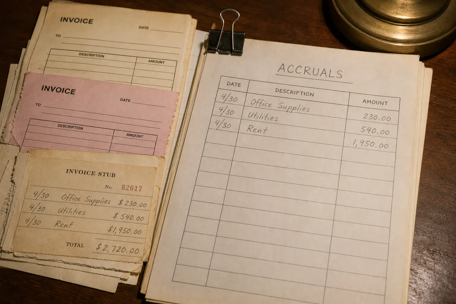 Unpaid invoice stubs clipped to an accrual worksheet