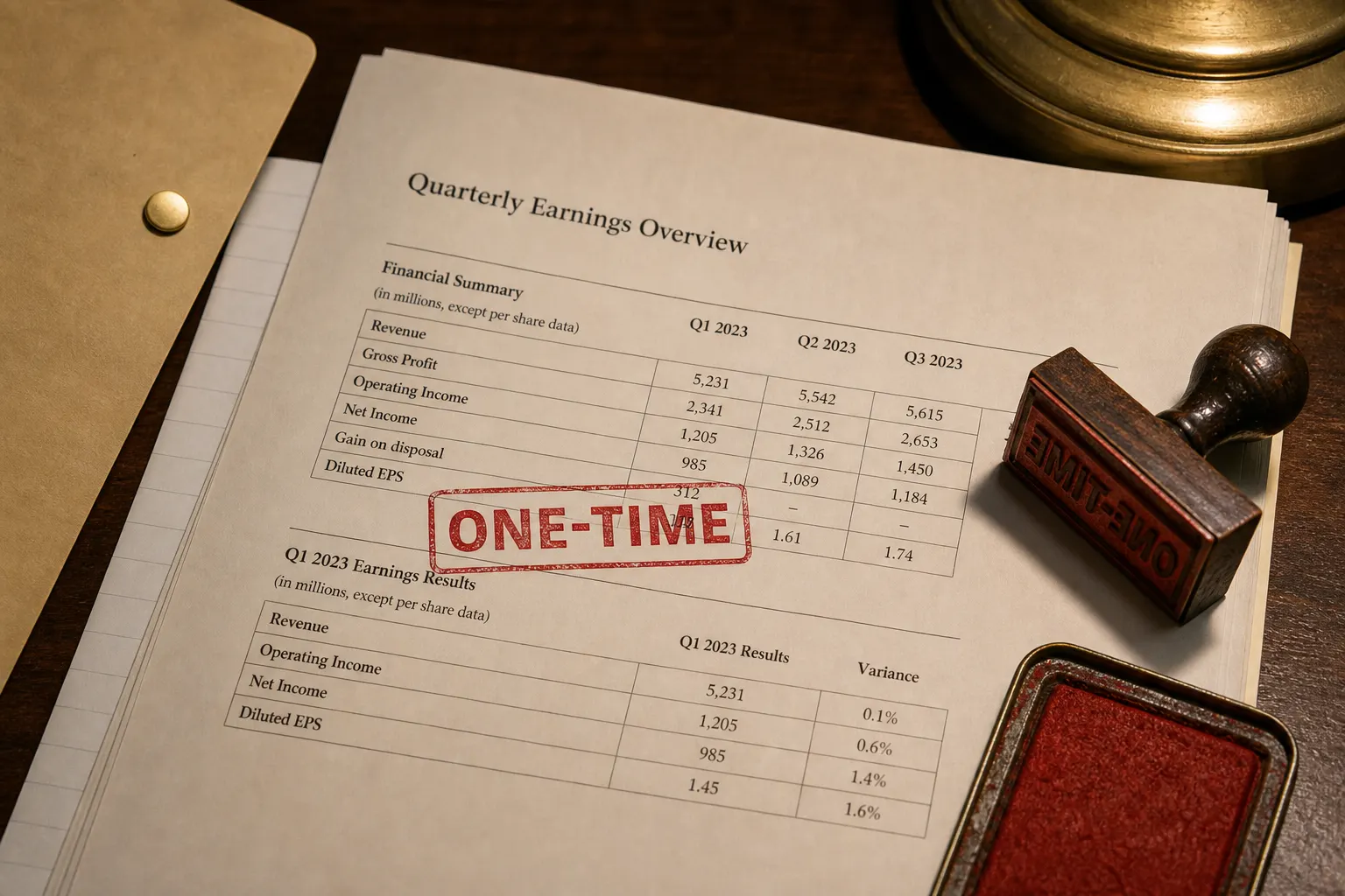 Income statement with a red ONE-TIME stamp on a gain line