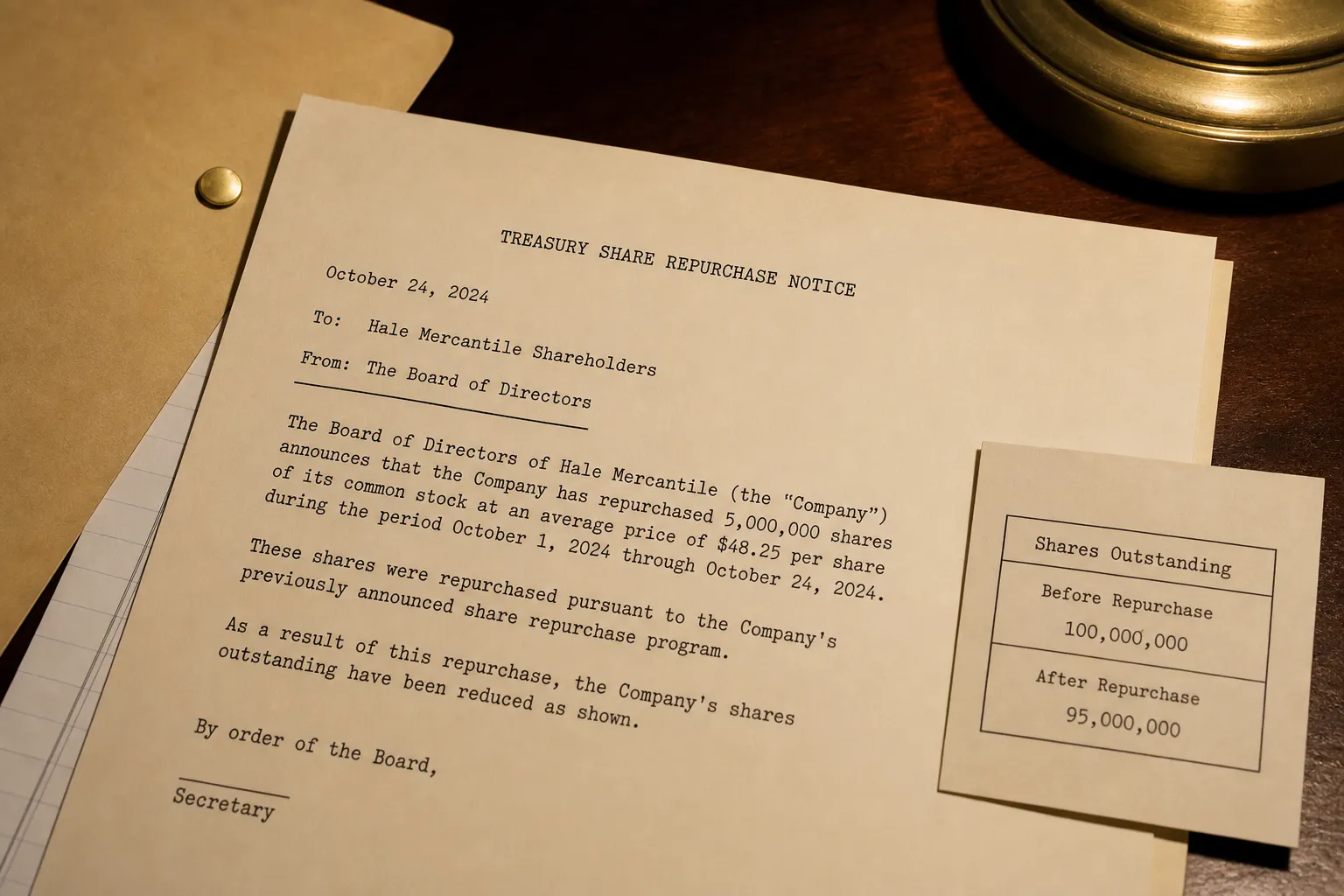 Treasury share repurchase notice beside a reduced share-count box