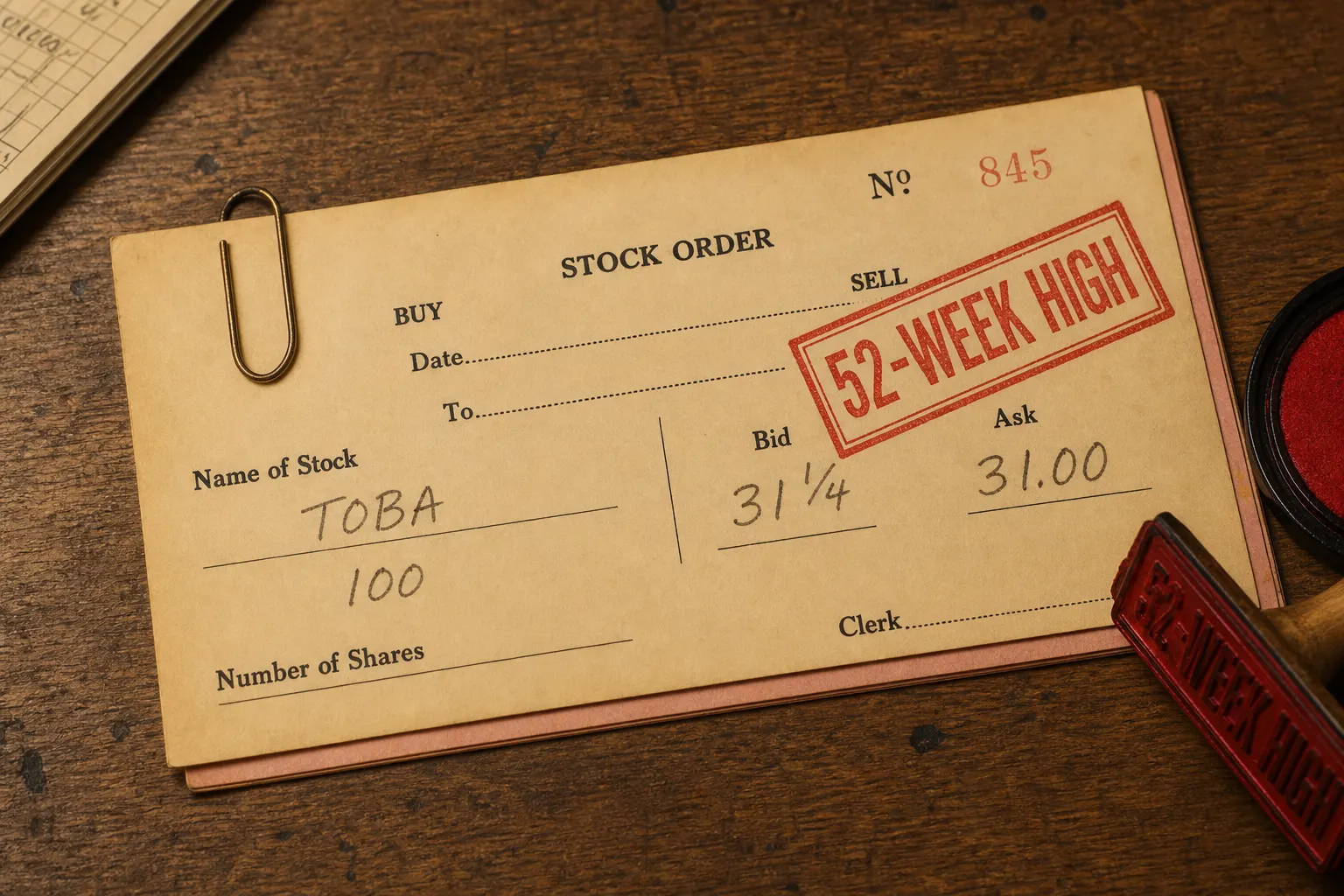 Quote sheet with a red 52-WEEK HIGH stamp next to last price