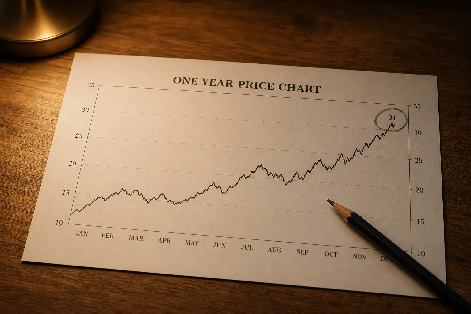 Printed price chart with the year’s high circled in pencil