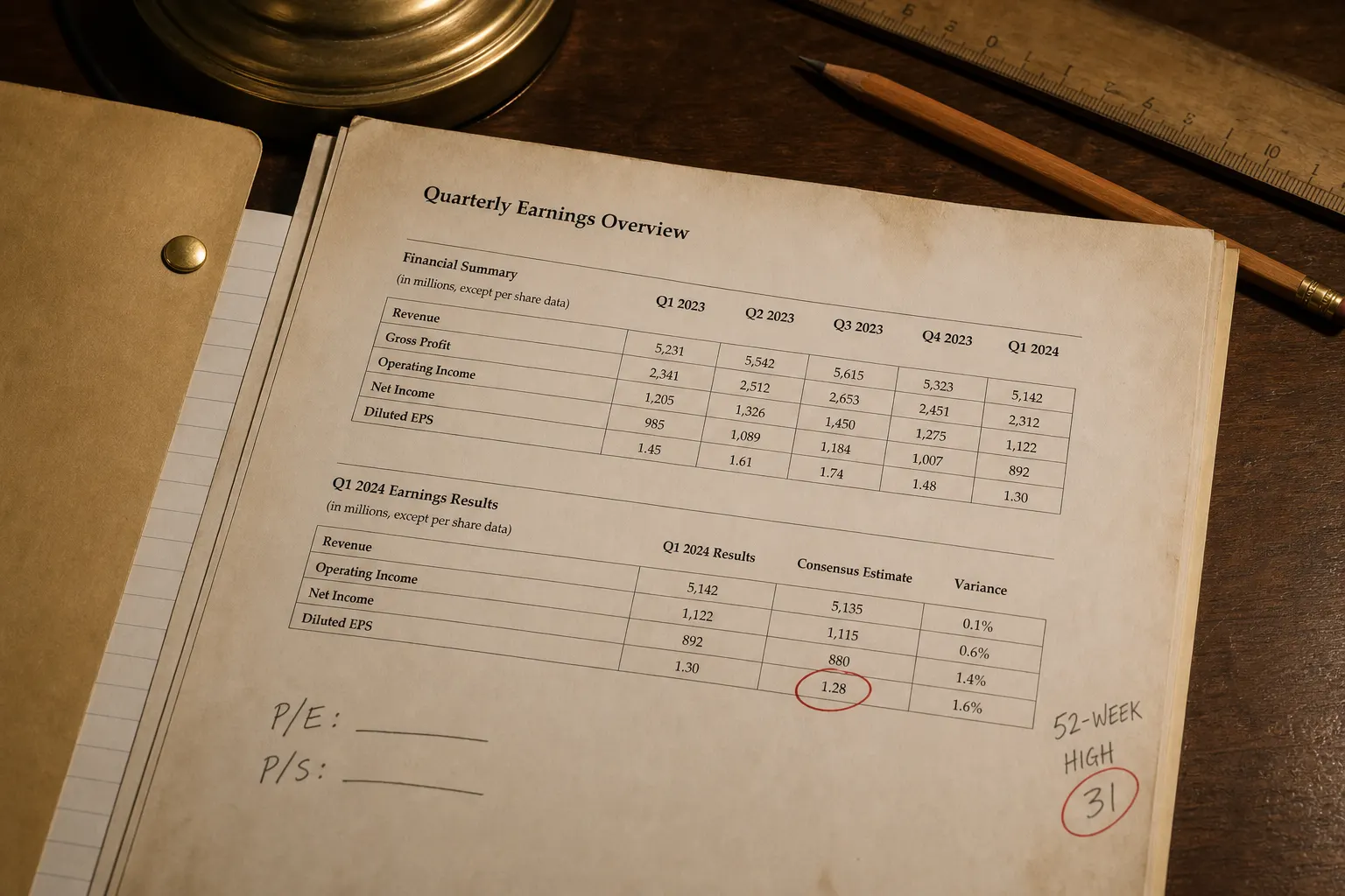 Worksheet with price-to-earnings boxes left blank beside a circled high