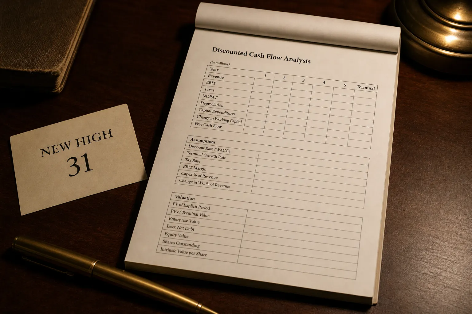 Unused cash-flow pad beside a quote card showing a new high