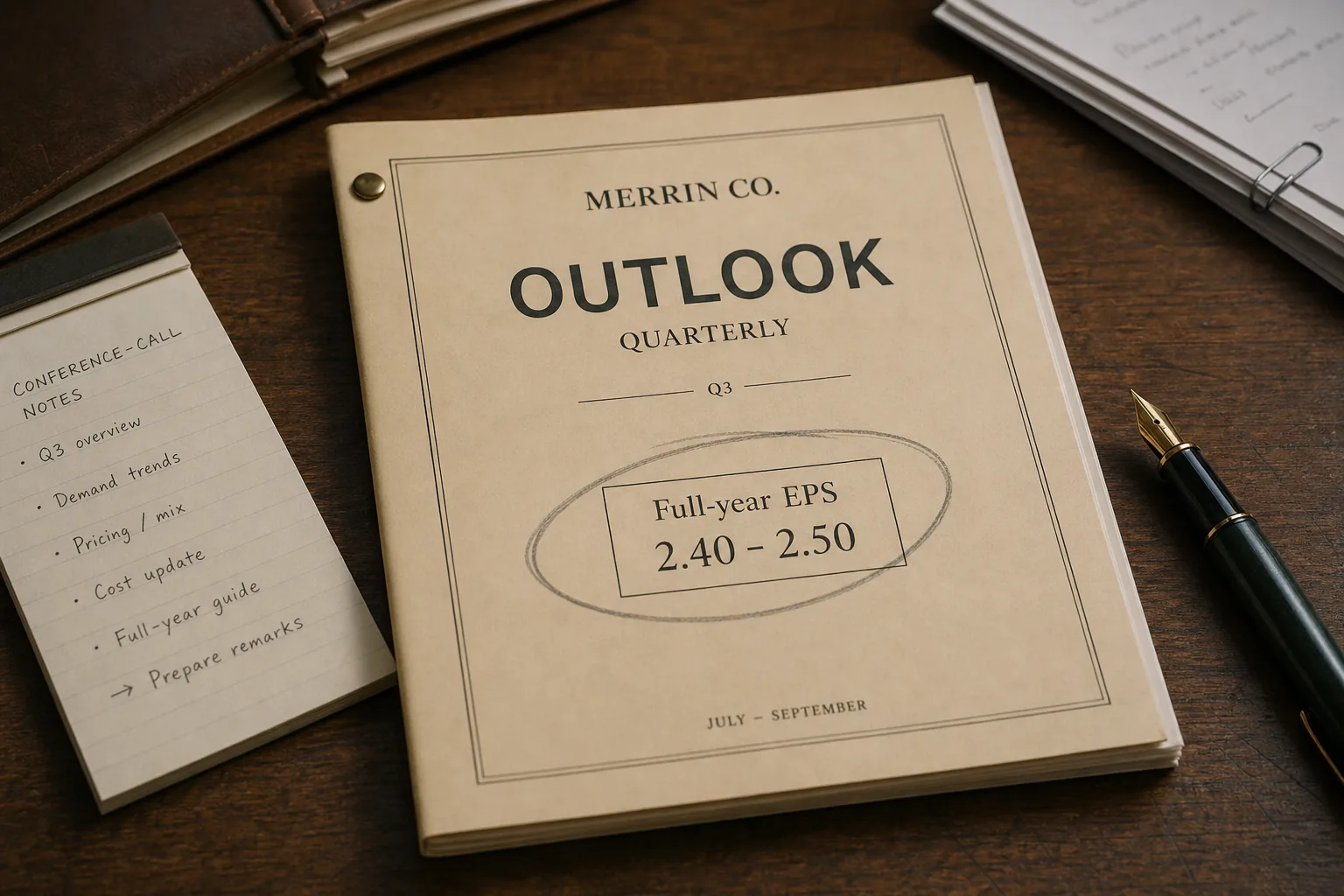 Outlook packet with a full-year EPS range circled in pencil