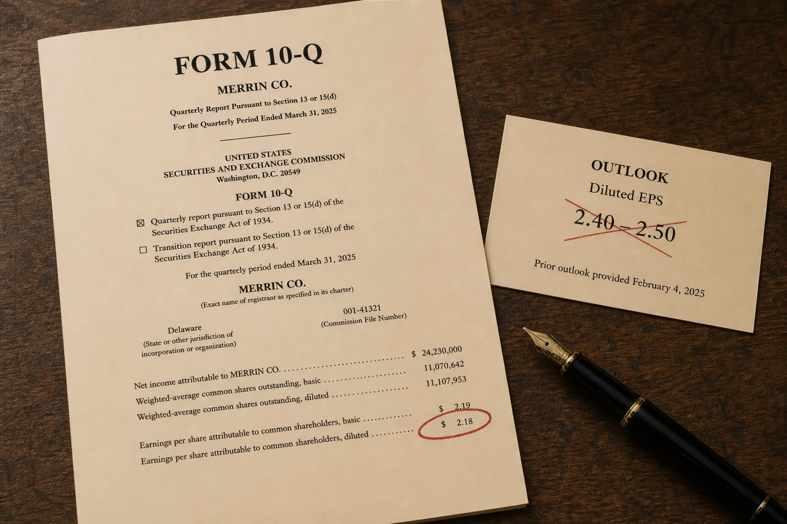 Form 10-Q with reported EPS circled beside a crossed-out outlook card