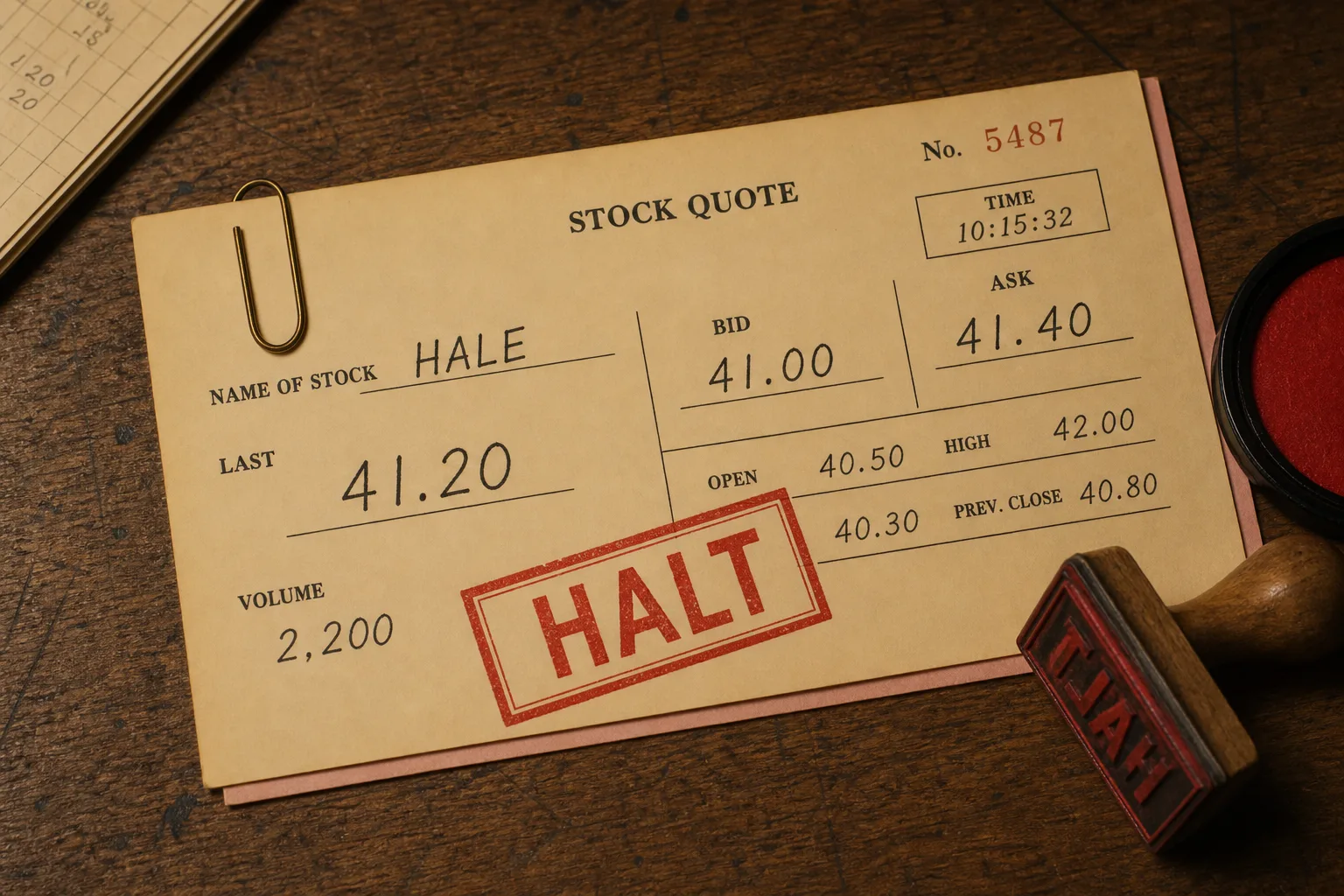 Quote sheet with a red HALT stamp over a frozen last price