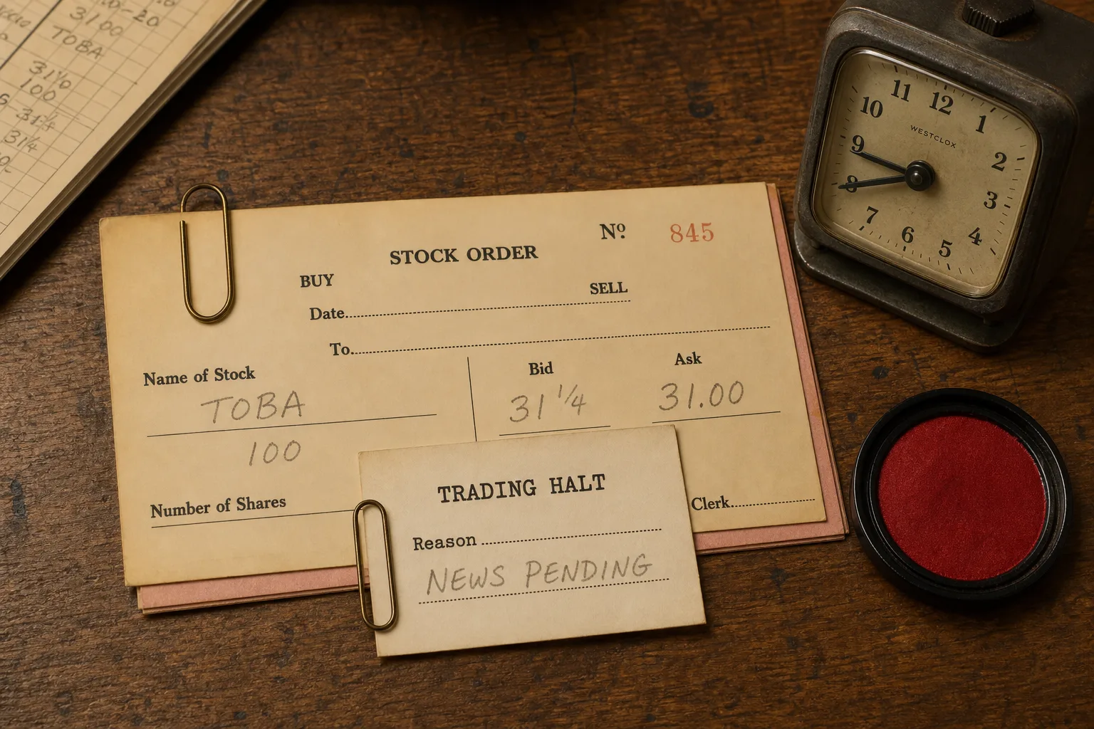 Trading halt card marked news pending clipped to a stock order