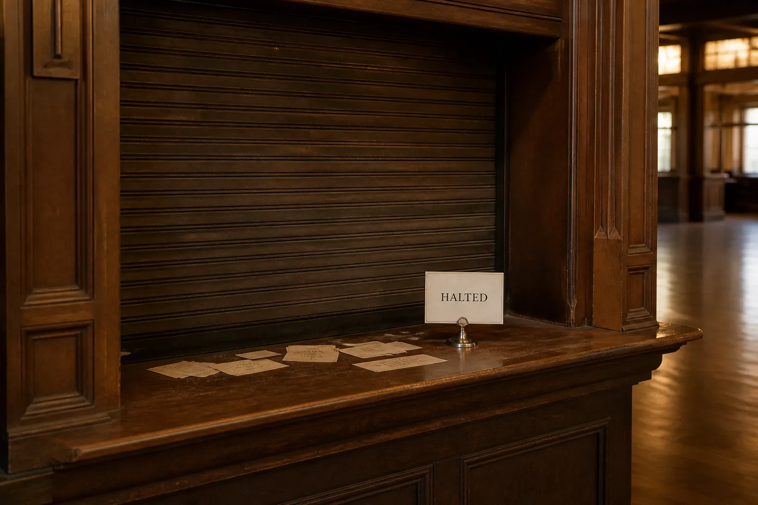 Closed trading post with a HALTED card in a metal clip