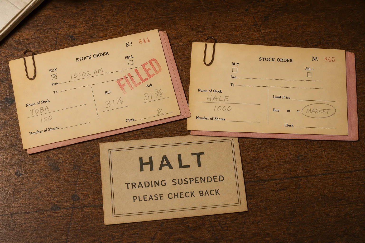A filled ticket beside an unfilled market ticket and a halt card