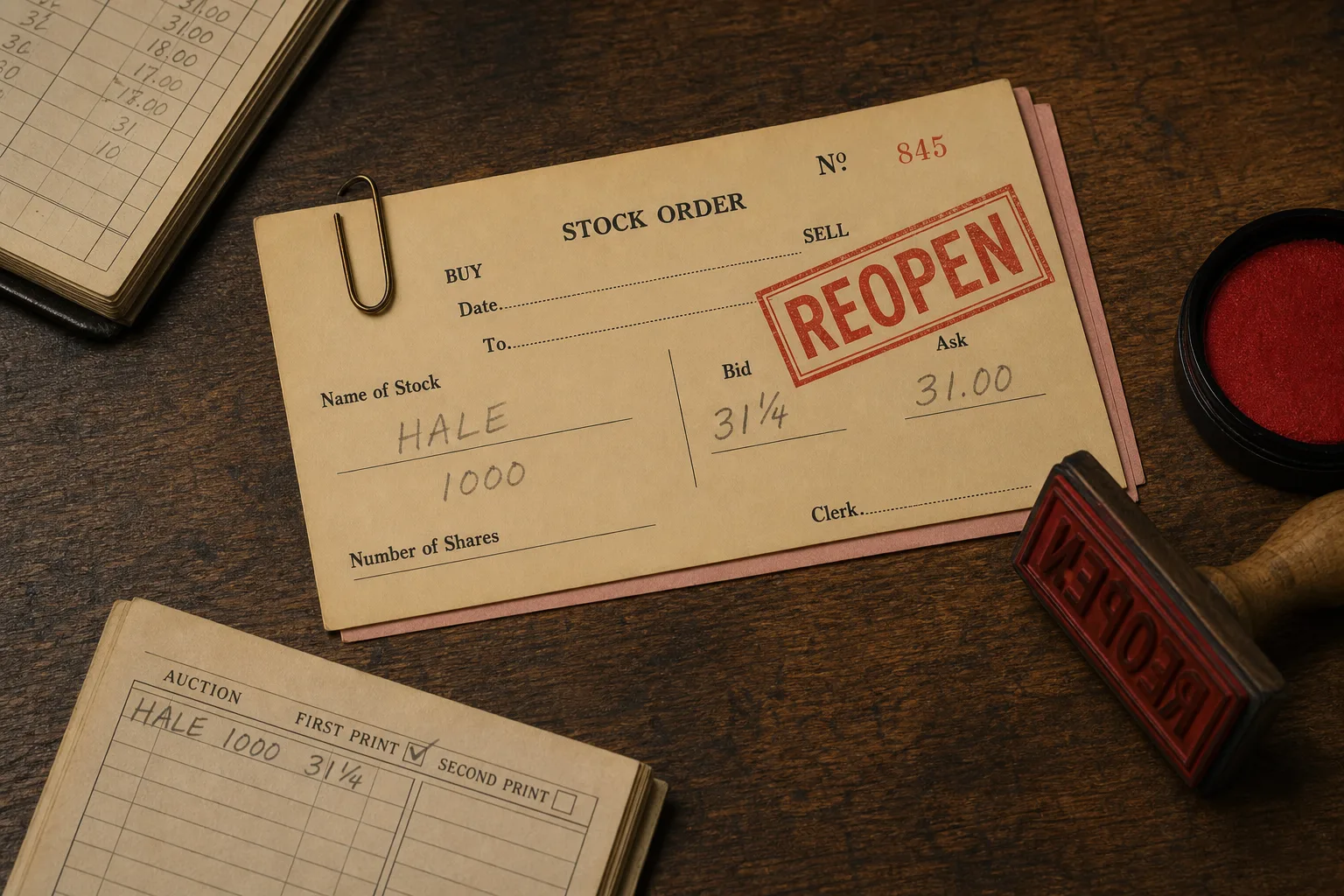 Stock order stamped REOPEN beside a first-print auction blotter