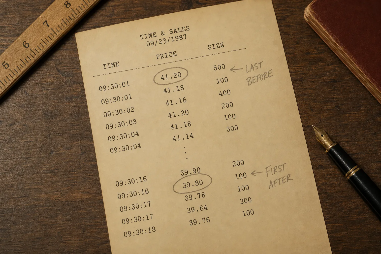 Time-and-sales strip with last-before and first-after prices circled