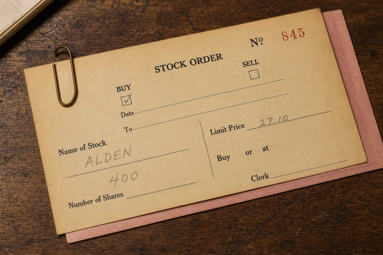Open stock order ticket with a limit price written and no fill stamp
