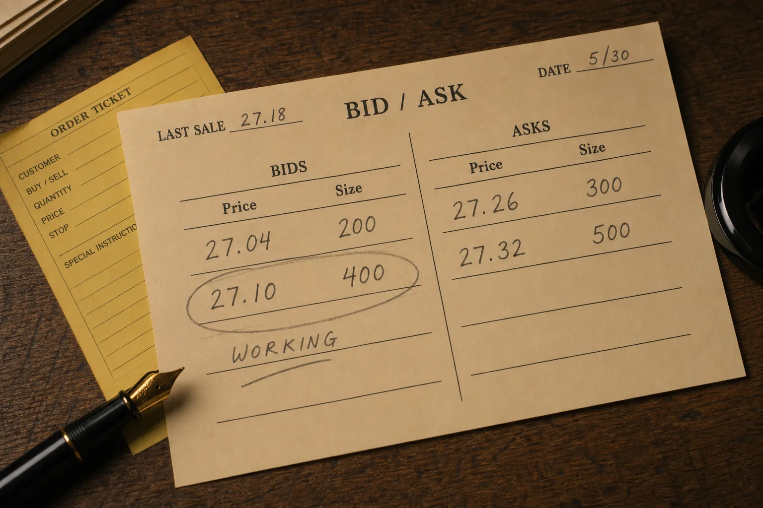 Printed bid and ask ladder with a working 27.10 bid circled