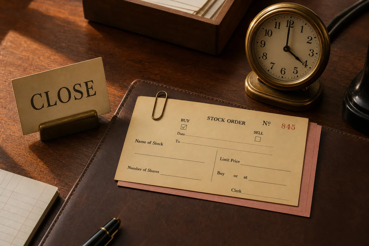 Unfilled limit ticket beside a desk clock at four and a CLOSE card