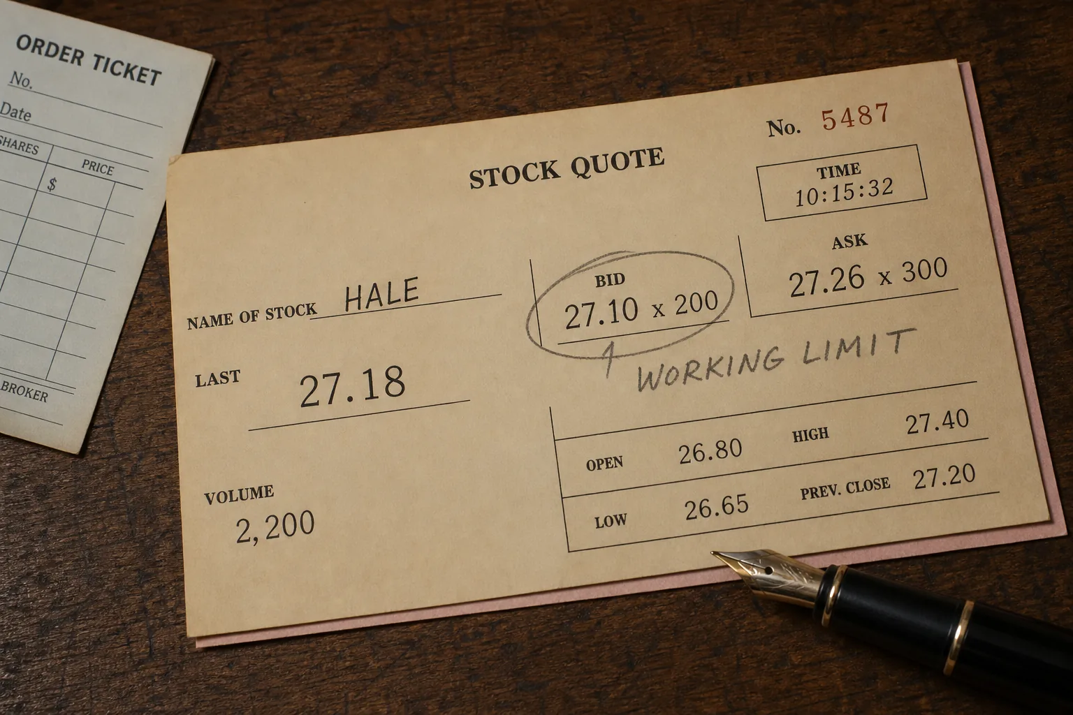 Quote sheet with the live bid circled and marked as a working limit