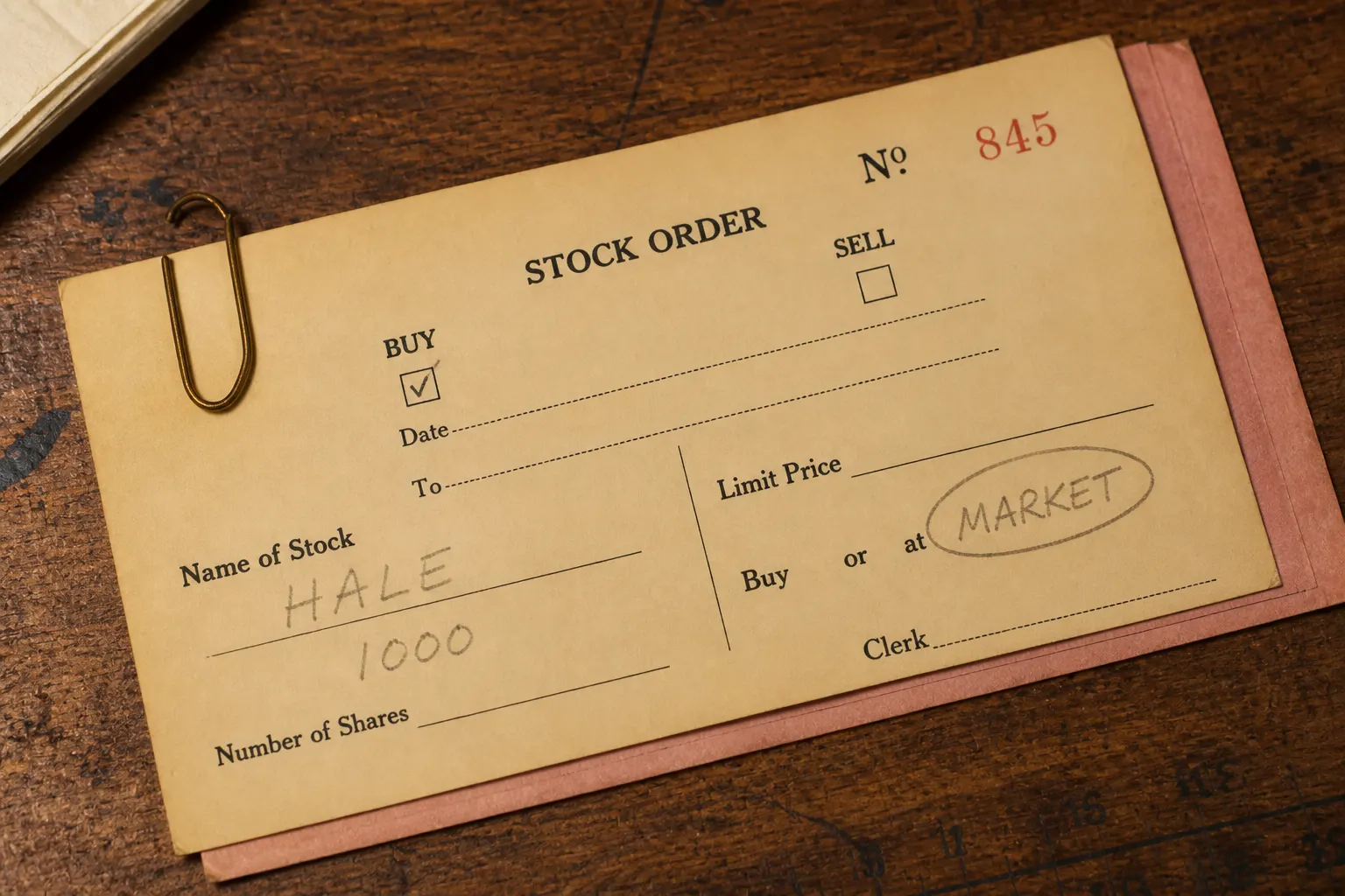 Paper stock order ticket with MARKET circled and the limit line left blank