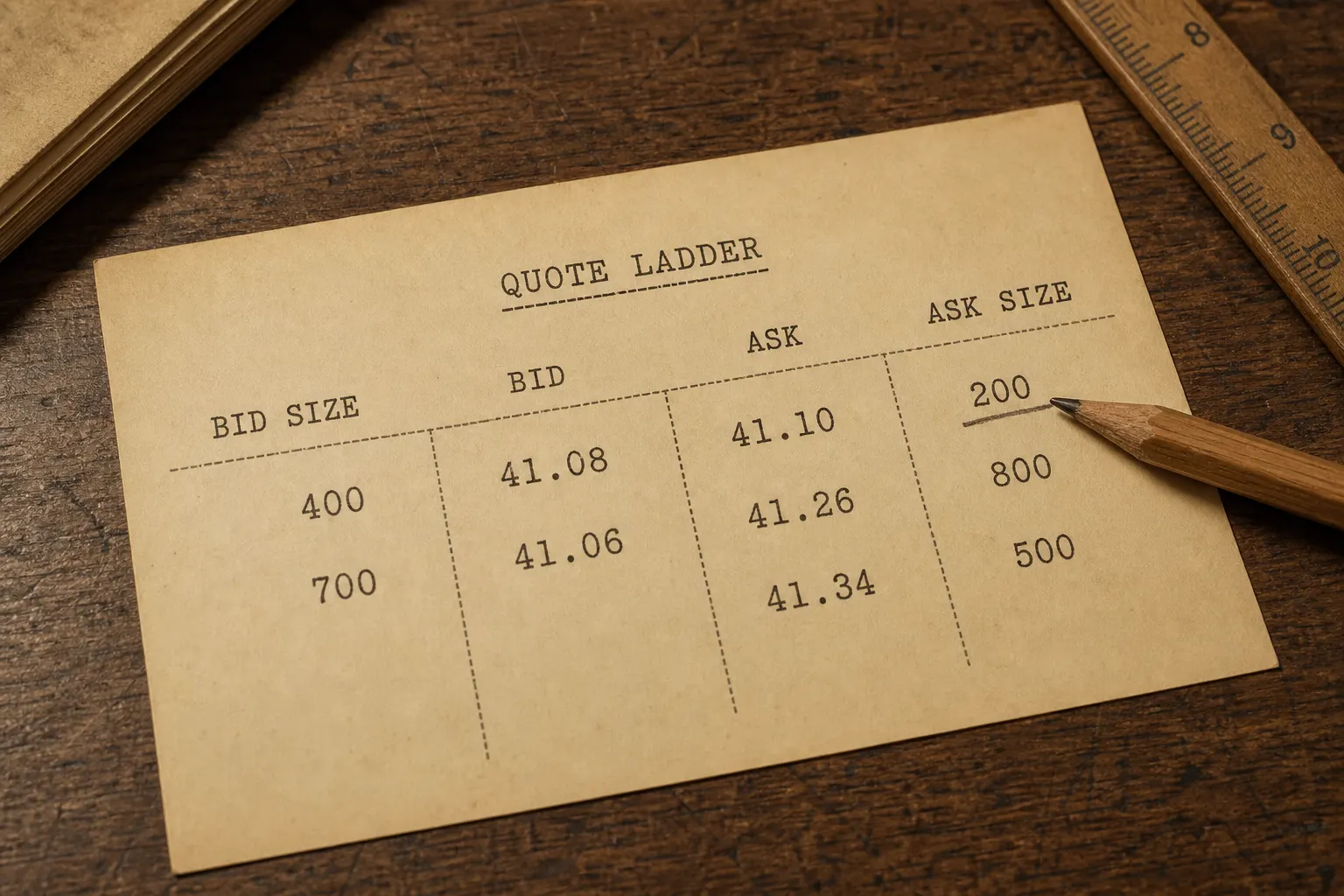 Printed bid and ask ladder with share size next to each price