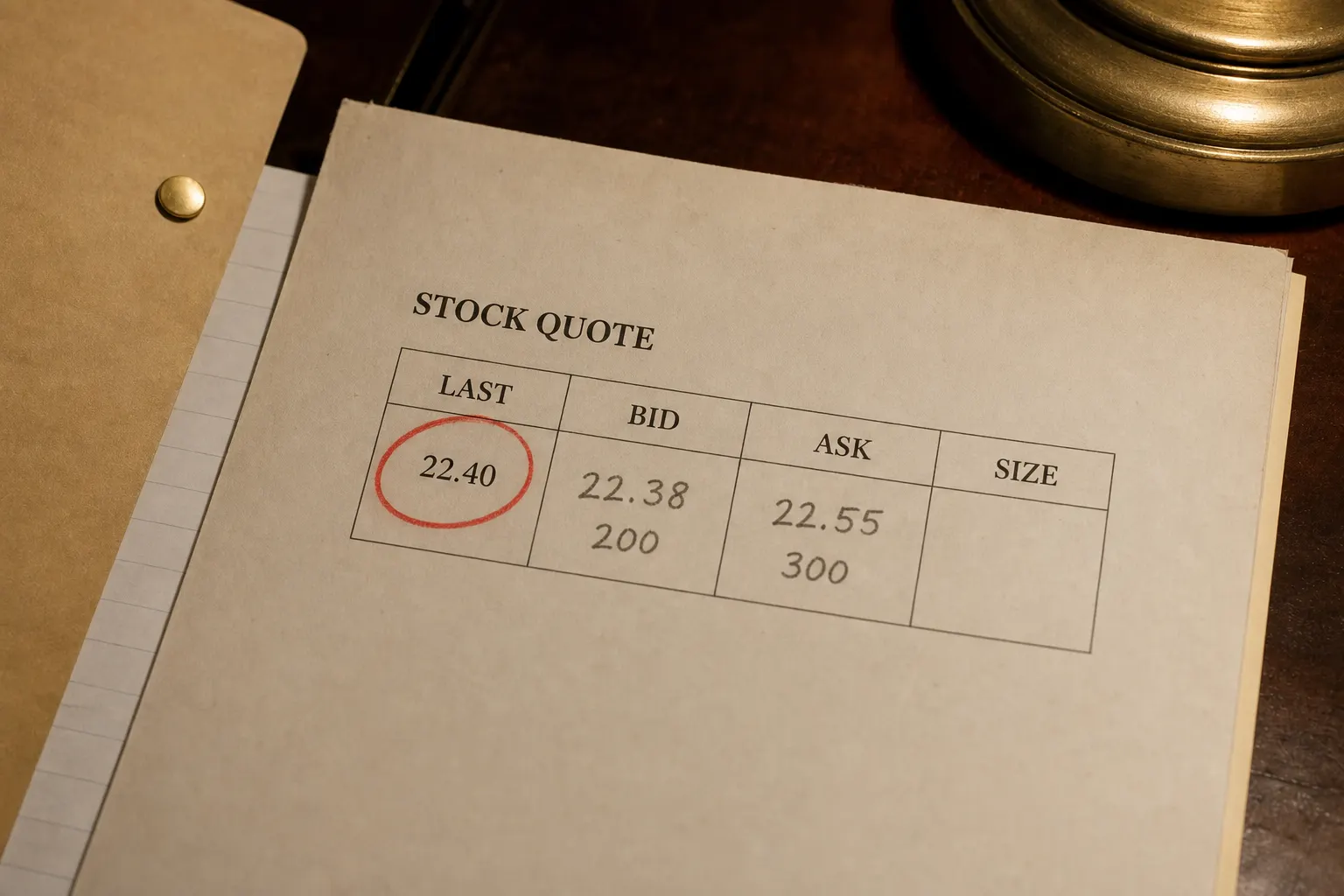 Quote sheet with last sale circled beside a live bid and ask