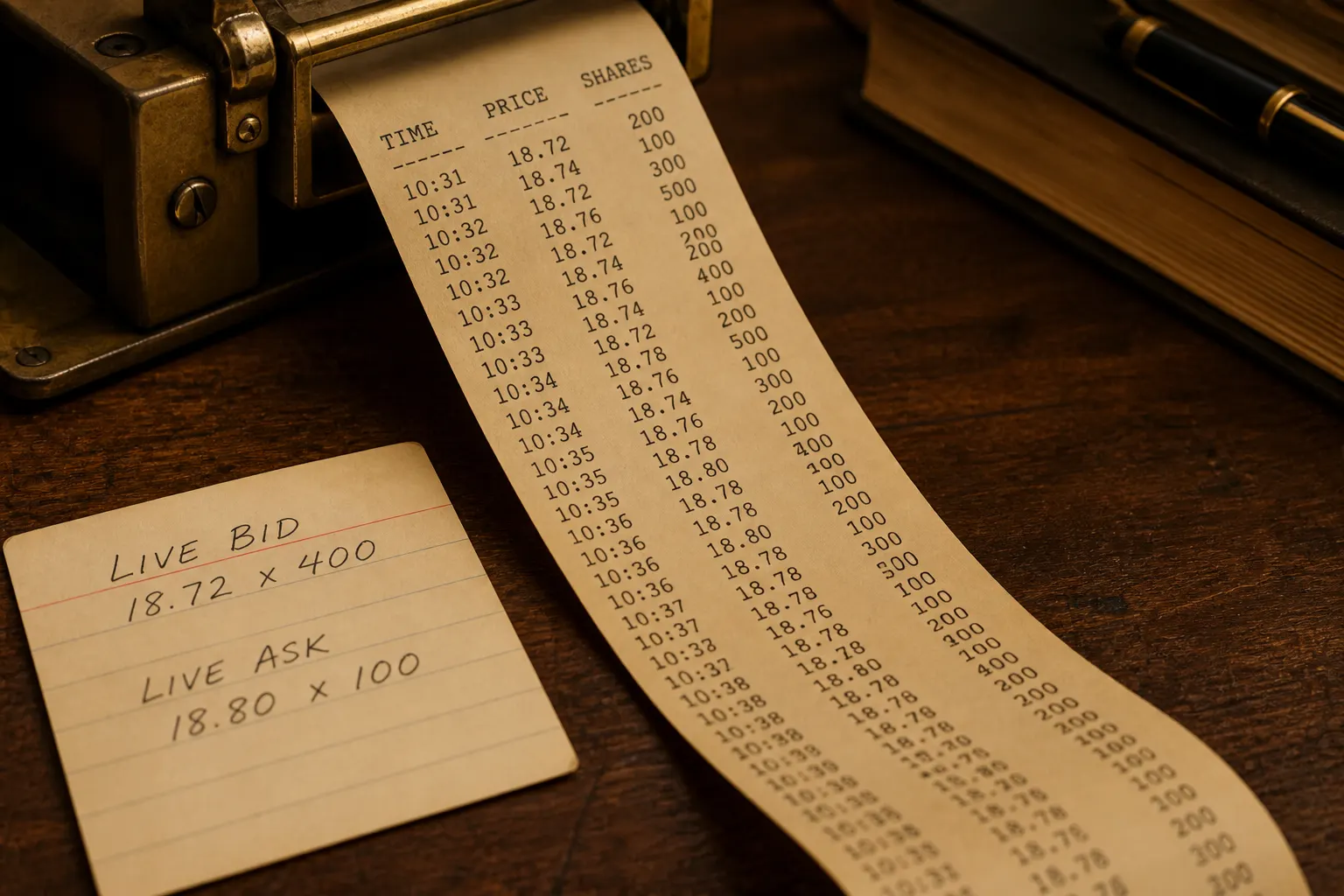 Ticker tape beside a handwritten live quote card