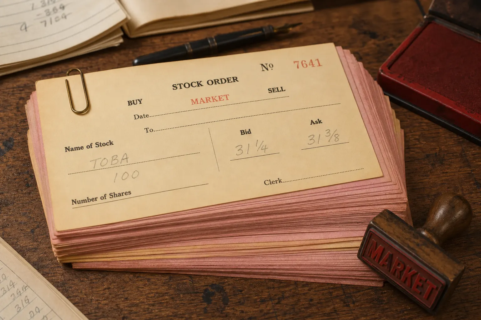 Stack of carbon-copy order tickets waiting to be walked