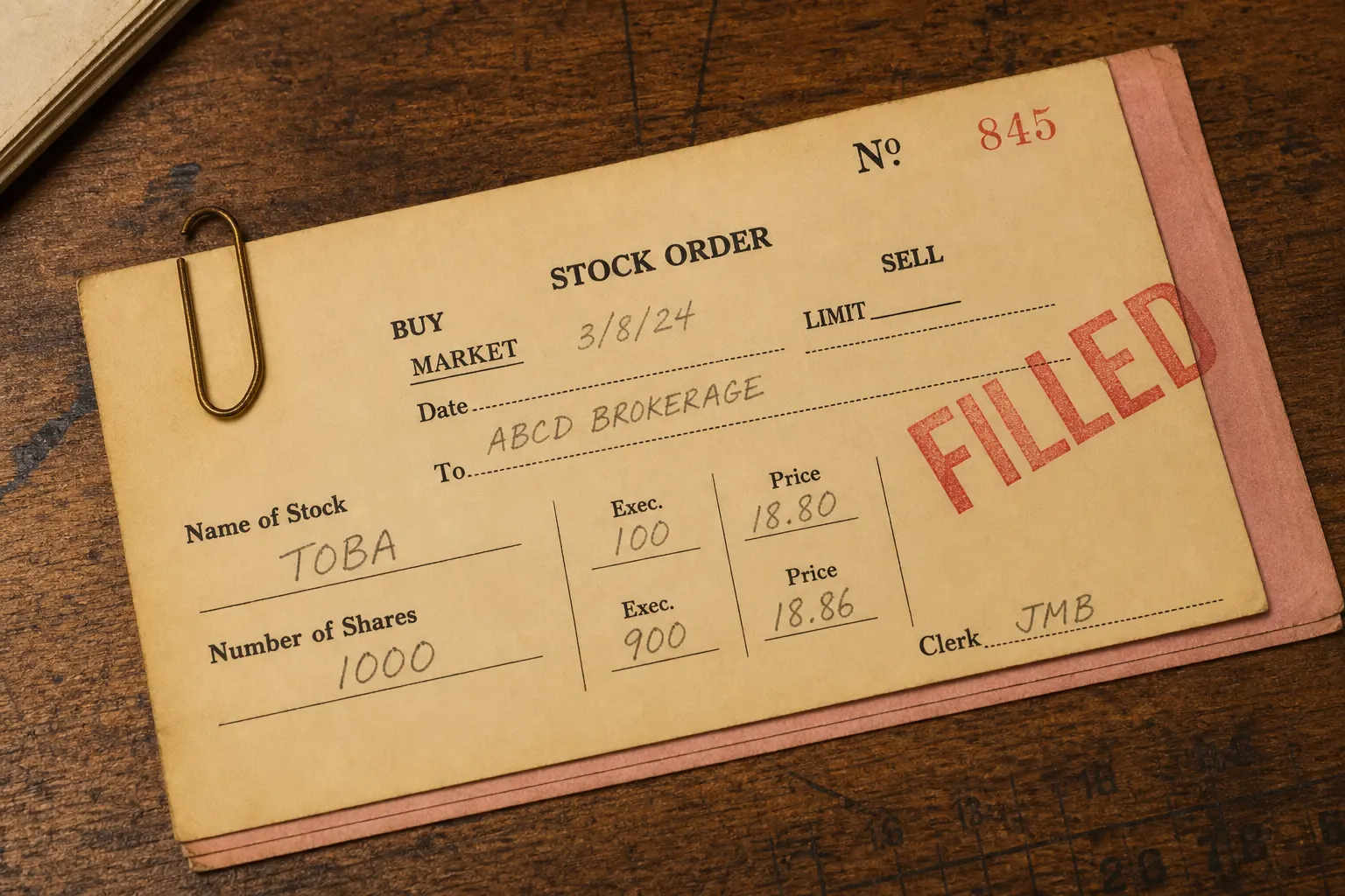 Filled market ticket showing two execution prices and sizes