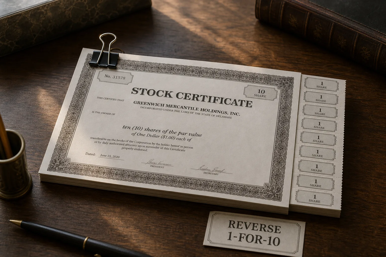 Ten one-share stubs restapled as a single ten-share certificate