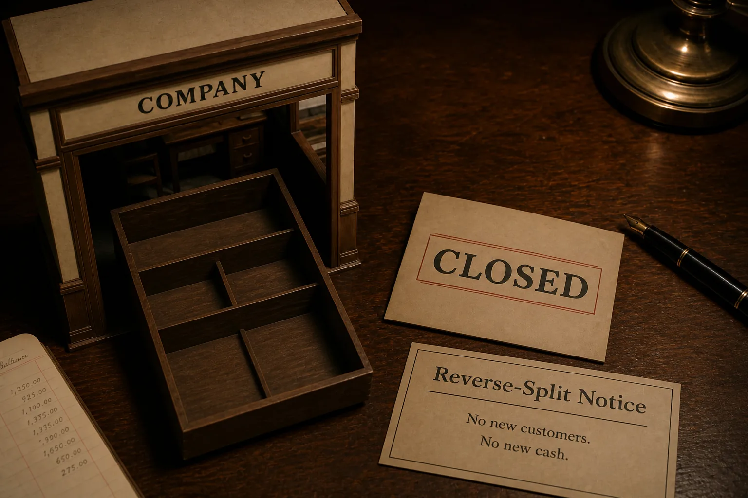 Empty cash tray in front of a company doorway next to a reverse-split notice