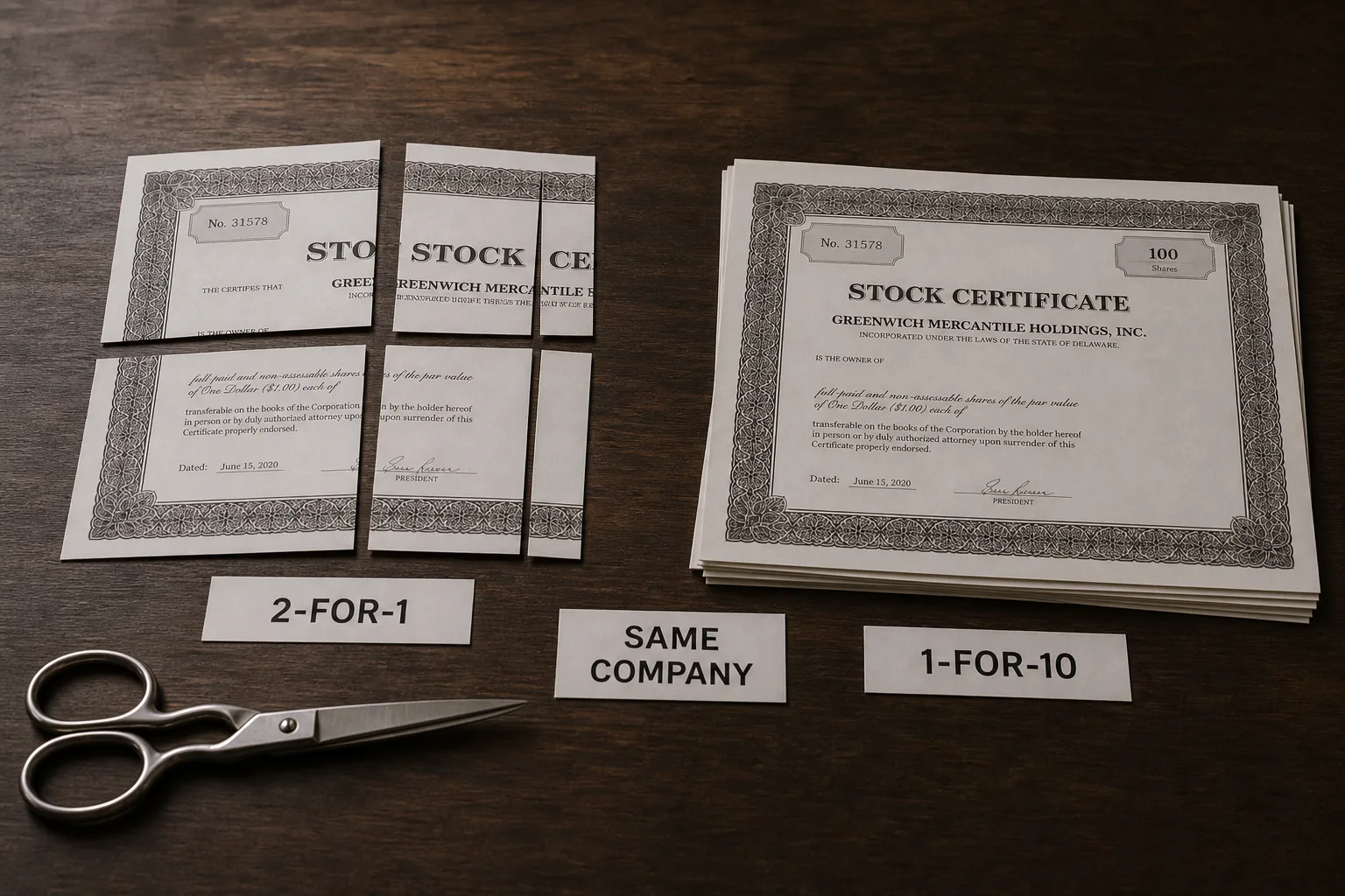 Cut certificate labeled 2-for-1 beside a stacked certificate labeled 1-for-10