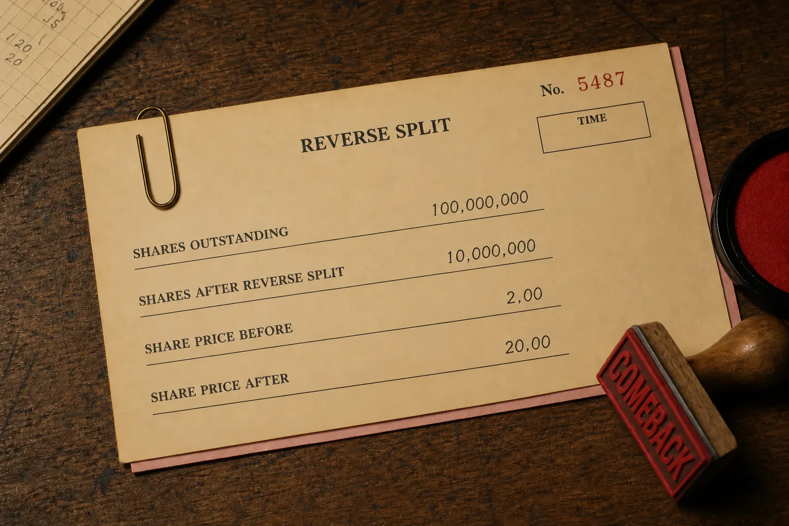 Reverse-split blotter changing only the share count beside an unused comeback stamp