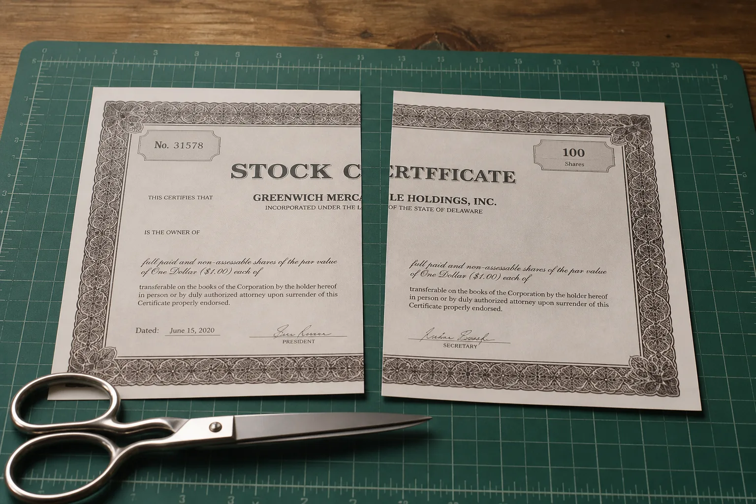 A stock certificate cut in half on a cutting mat