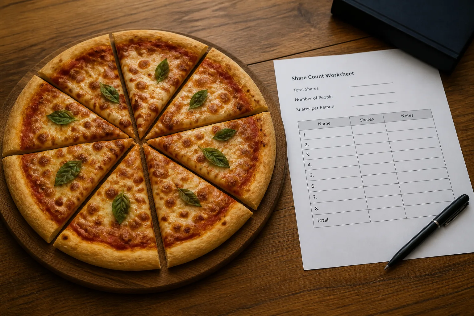 A pie cut into equal slices beside a share-count sheet