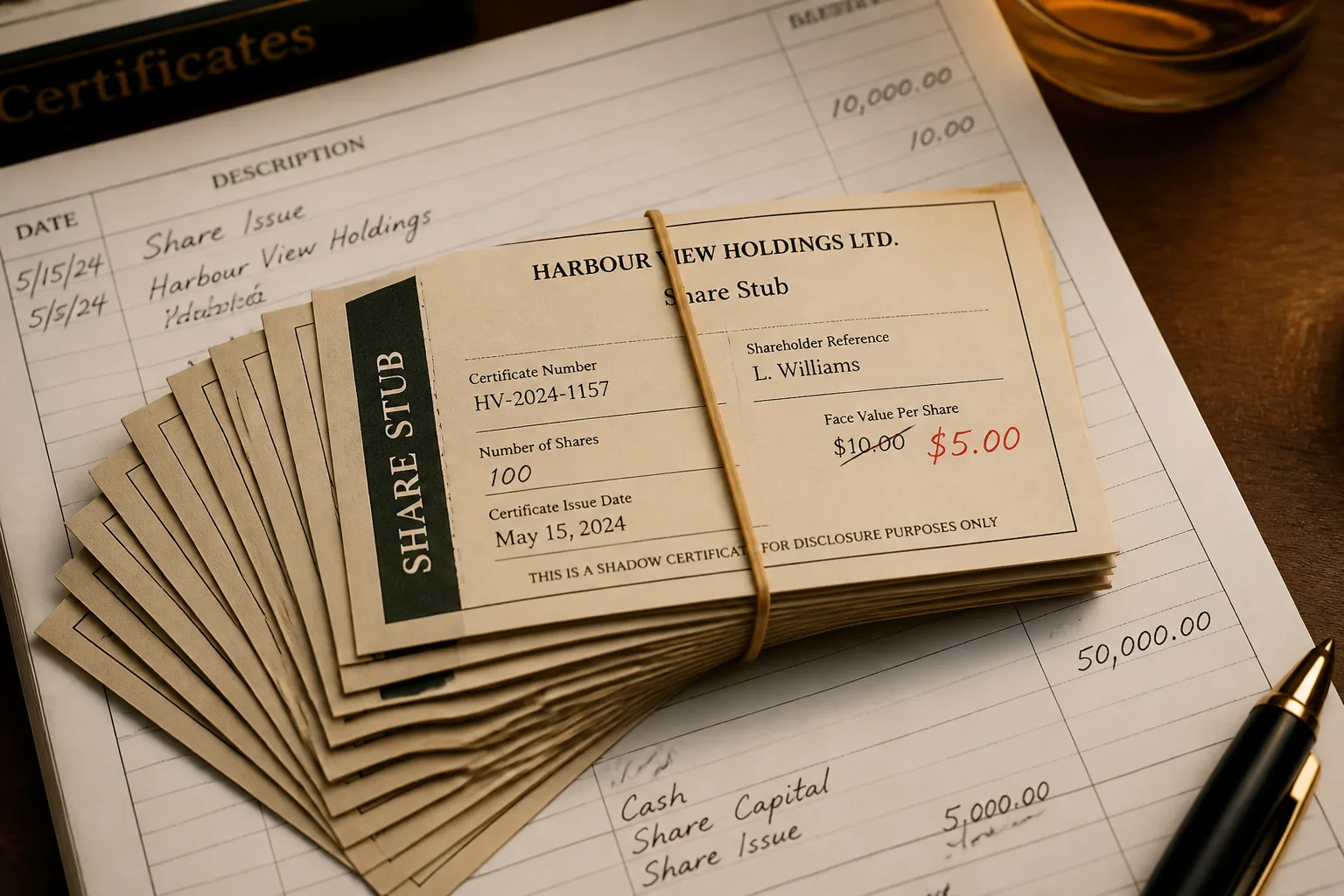 Fanned share stubs with a rewritten face value