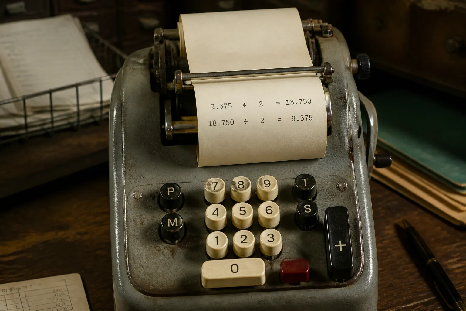 Adding machine tape showing a multiply and a divide