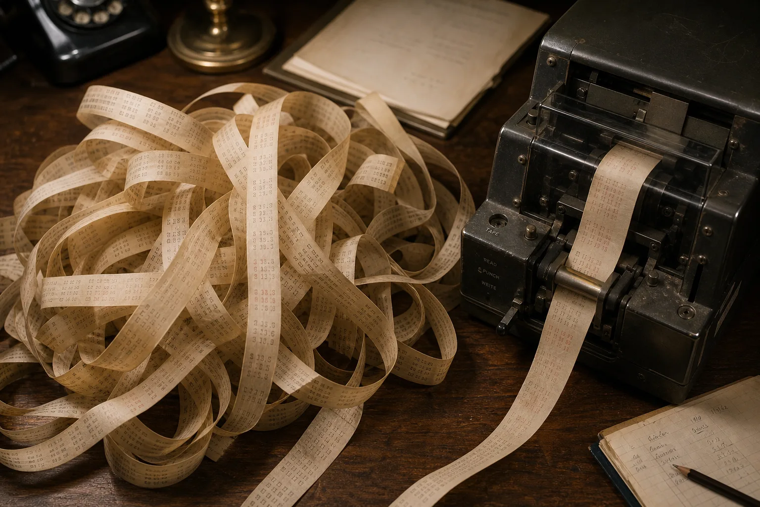 Heap of ticker tape spilling from a busy mechanical printer